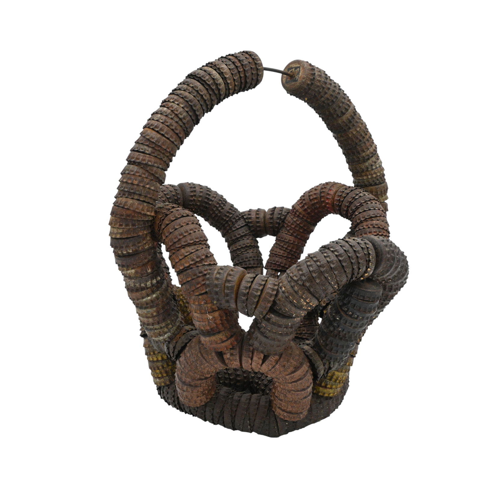 Bottle Cap Basket: Bottle Cap Basket. Circa 1940's or 50's, but could be earlier. Older cork linked bottle caps made into the shape of a basket. Many of the caps are from Baltimore with many brands including Moxie, Arro