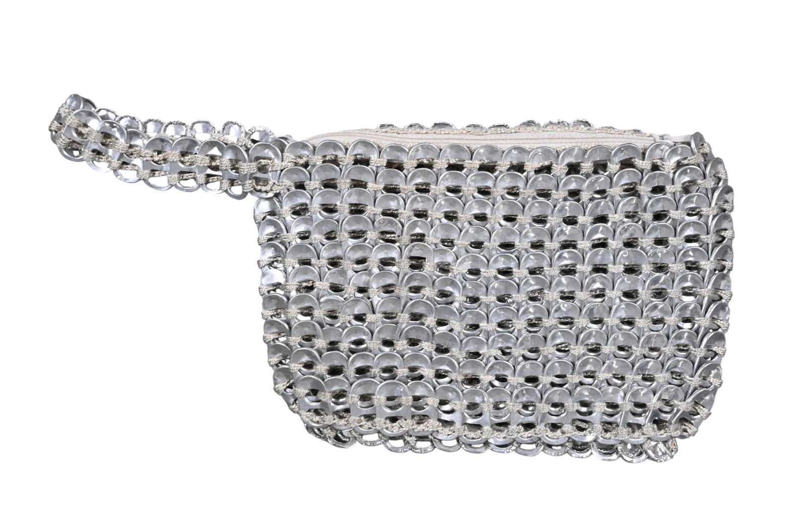 Pop Top Purse: Pop Top Purse. Recycled folk art purse constructed entirely from aluminum beverage can pull tabs, intricately linked together with cord to form a flexible, shimmering surface. Excellent condition. 
