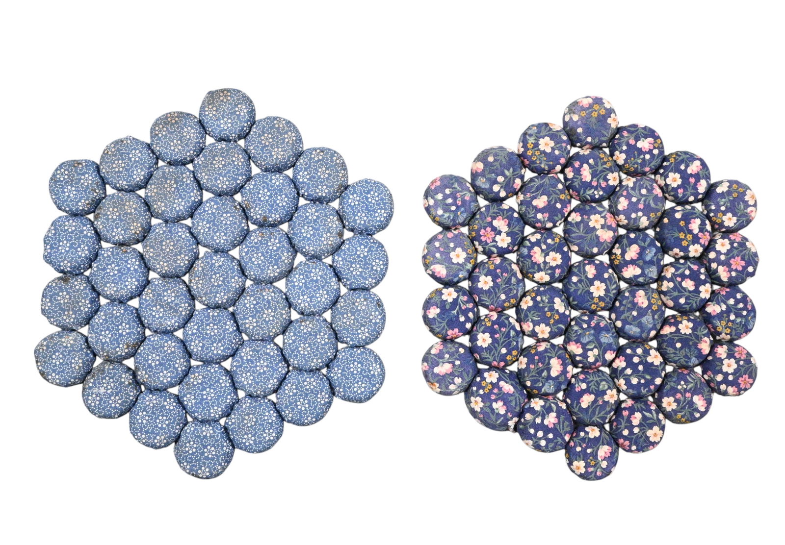 Pair of Bottle Cap Trivets: Pair of Bottle Cap Trivets. Bottle caps wrapped in floral fabric. Good condition. Some minor staining. Size: 8" W. Provenance: Prominent Private Kentucky Collection. Est. $20 - $50. Ship: