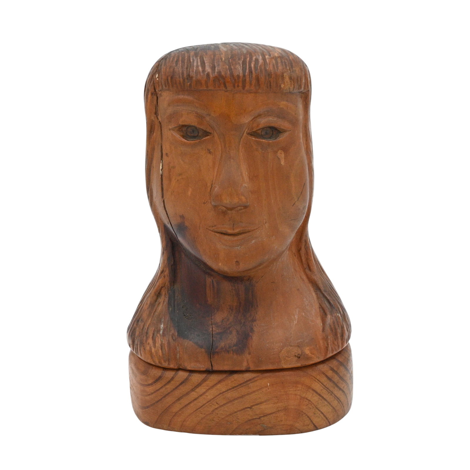 Carl H. Fliessbach. Woman Bust: Carl H. Fliessbach. (1882-1972)Woman Bust.Signed. Carved and varnished wood. Good condition. Small natural wood split on face. Size: 8.75" H x5.5" W x 4.75" D. Provenance: Micki Beth Stiller