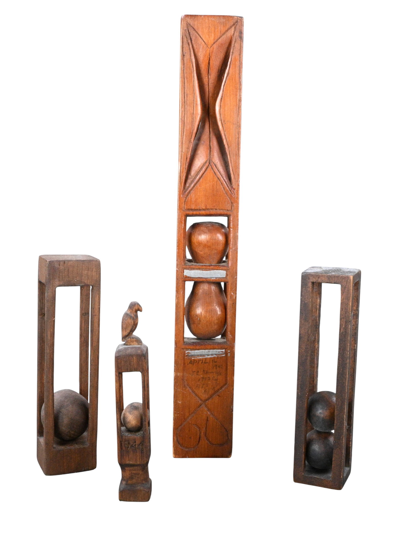 Group of Four Signed and Dated Whimsies: Group of Four Signed and Dated Whimsies. Signed and Dated. The tall whimsy is dated 1942. The two basic ball-in-cage whimsies are dated 1974 and 1979. The ball-in-cage whimsy with the bird on top
