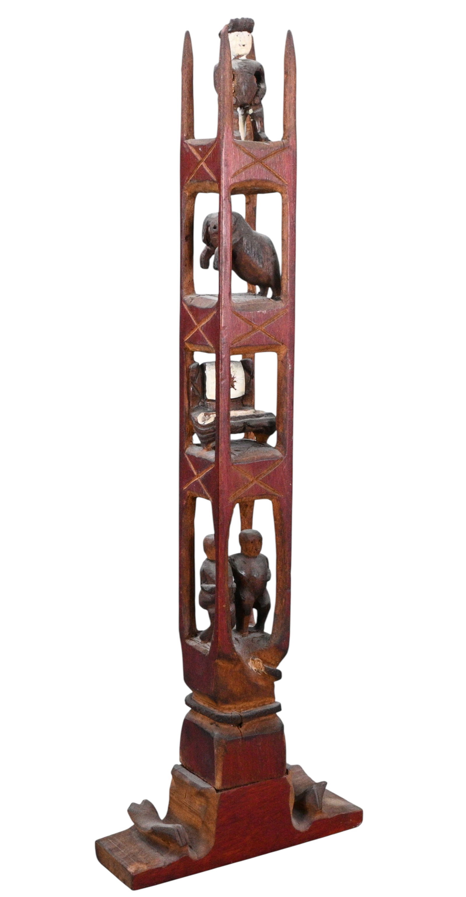 Carved Folk Art Totemic Column with Figural Scenes: Carved Folk Art Totemic Column with Figural Scenes. Monumental vertical folk art carving composed of stacked figural and symbolic scenes, carved in wood and heightened with red and ochre painted