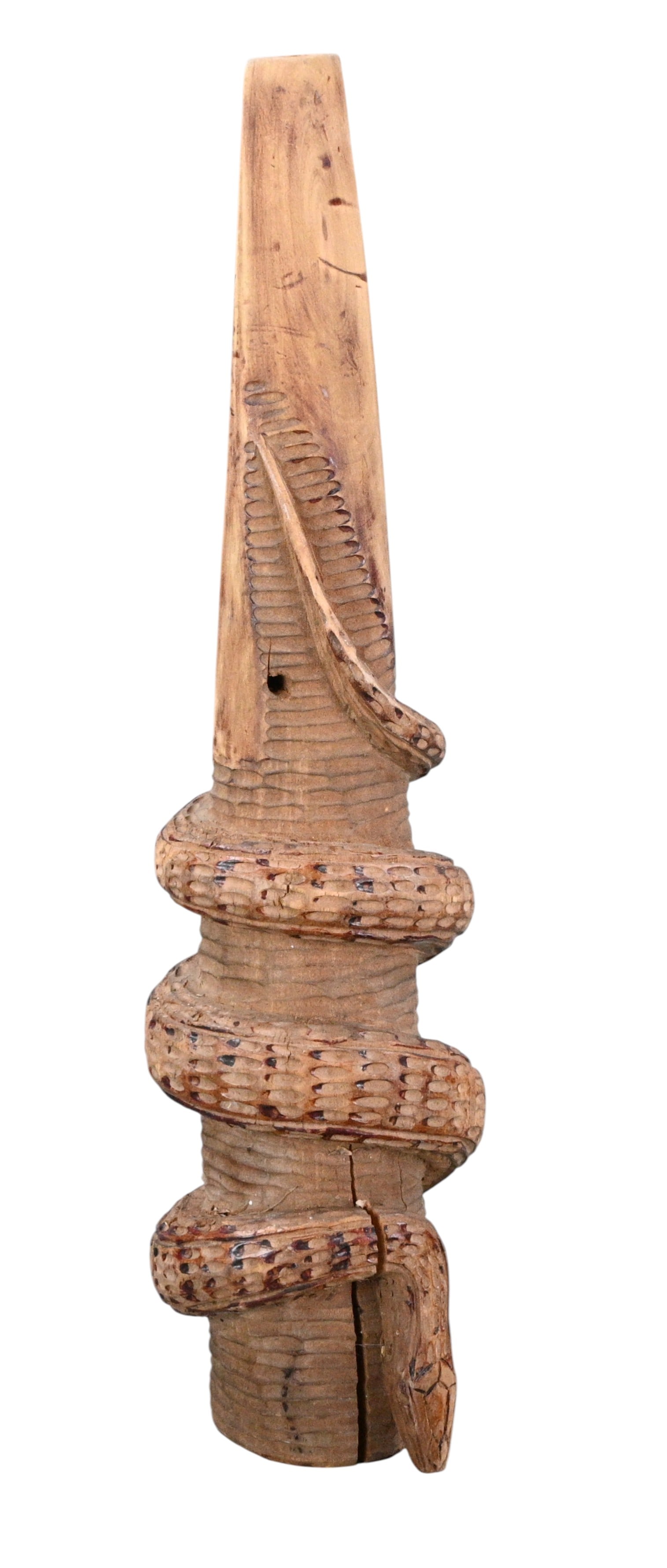 Carved Wooden Snake Column: Carved Wooden Snake Column. Vertical carved wooden folk art sculpture depicting a coiled serpent spiraling downward around a tapered column. The snake is rendered in low relief with articulated