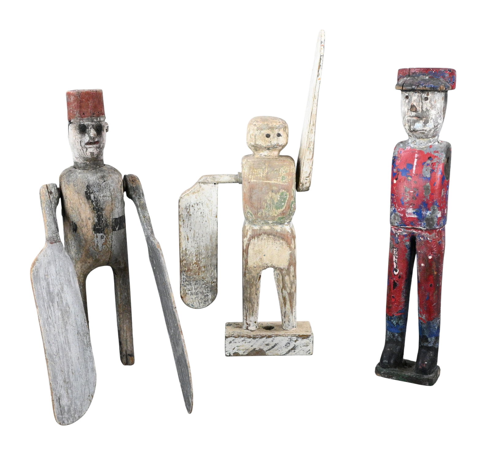 Trio of Carved Folk Art Whirligig Figures: Trio of Carved Folk Art Whirligig Figures. Great color and simple look. Hand carved and painted folk art whirligig figures. While some of the moving hardware is no longer present, the figures