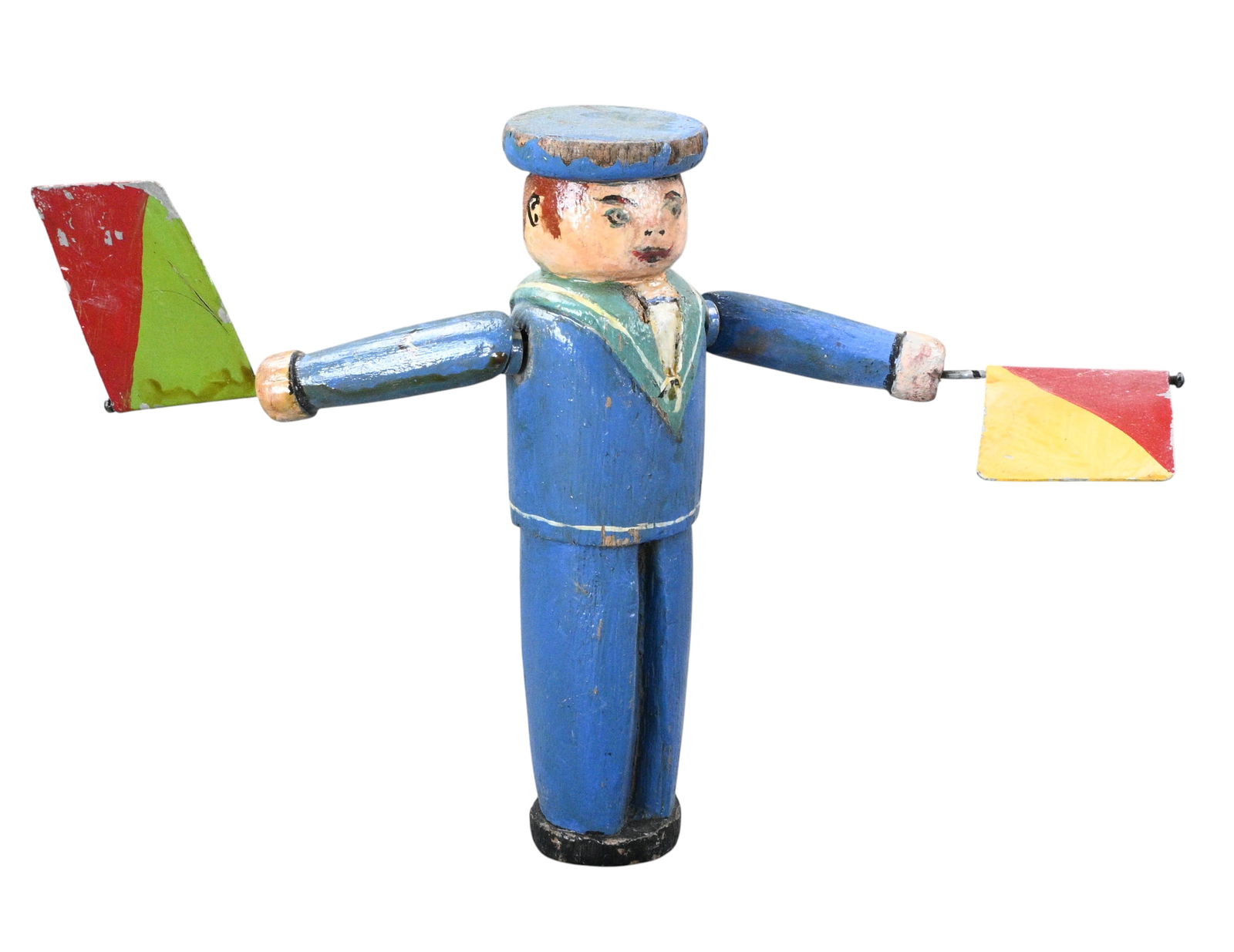 Folk Art Signalman with Semaphore Flags: Folk Art Signalman with Semaphore Flags. A carved and painted folk art figure depicting a uniformed signalman holding semaphore flags, carved from wood with articulated arms. The figure wears a