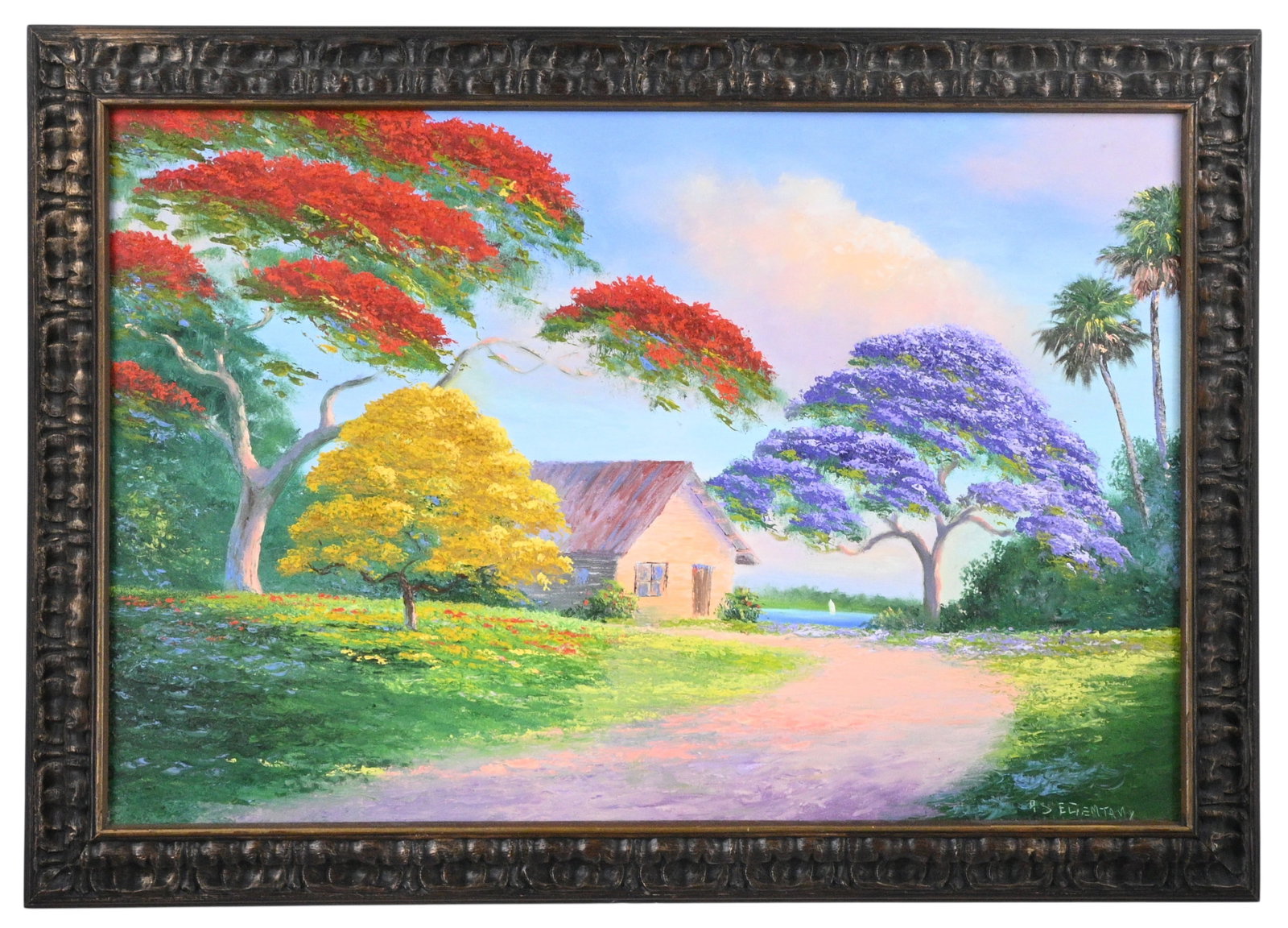 Ahmed Eltemtamy. Jacaranda and Poinciana Trees. Florida Artist: Ahmed Eltemtamy. (b. 1960) Jacaranda and Poinciana Trees. Florida Artist. Signed. Heavy oil on masonite. Masterpiece example. Beautifully framed and absolutely stunning to look at. Born 1960 in Kuwait