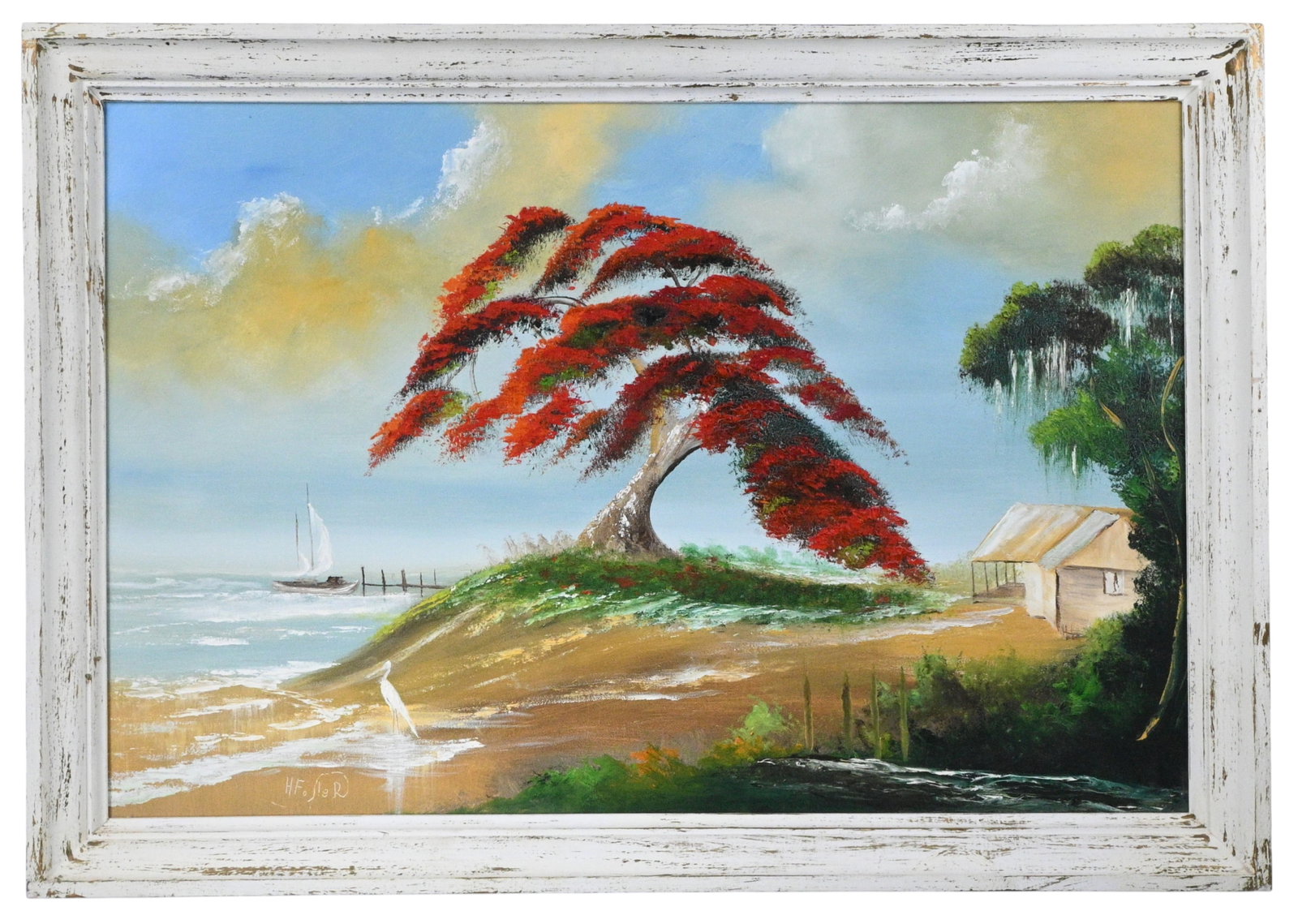 Horace Foster. Highwaymen. Large Royal Poinciana Tree: Horace Foster. Highwaymen. Large Royal Poinciana Tree. Signed. Heavy oil on masonite. Horace Foster studied with the Newton family and produced "Highwaymen Style" paintings. Picture of Horace Foster w
