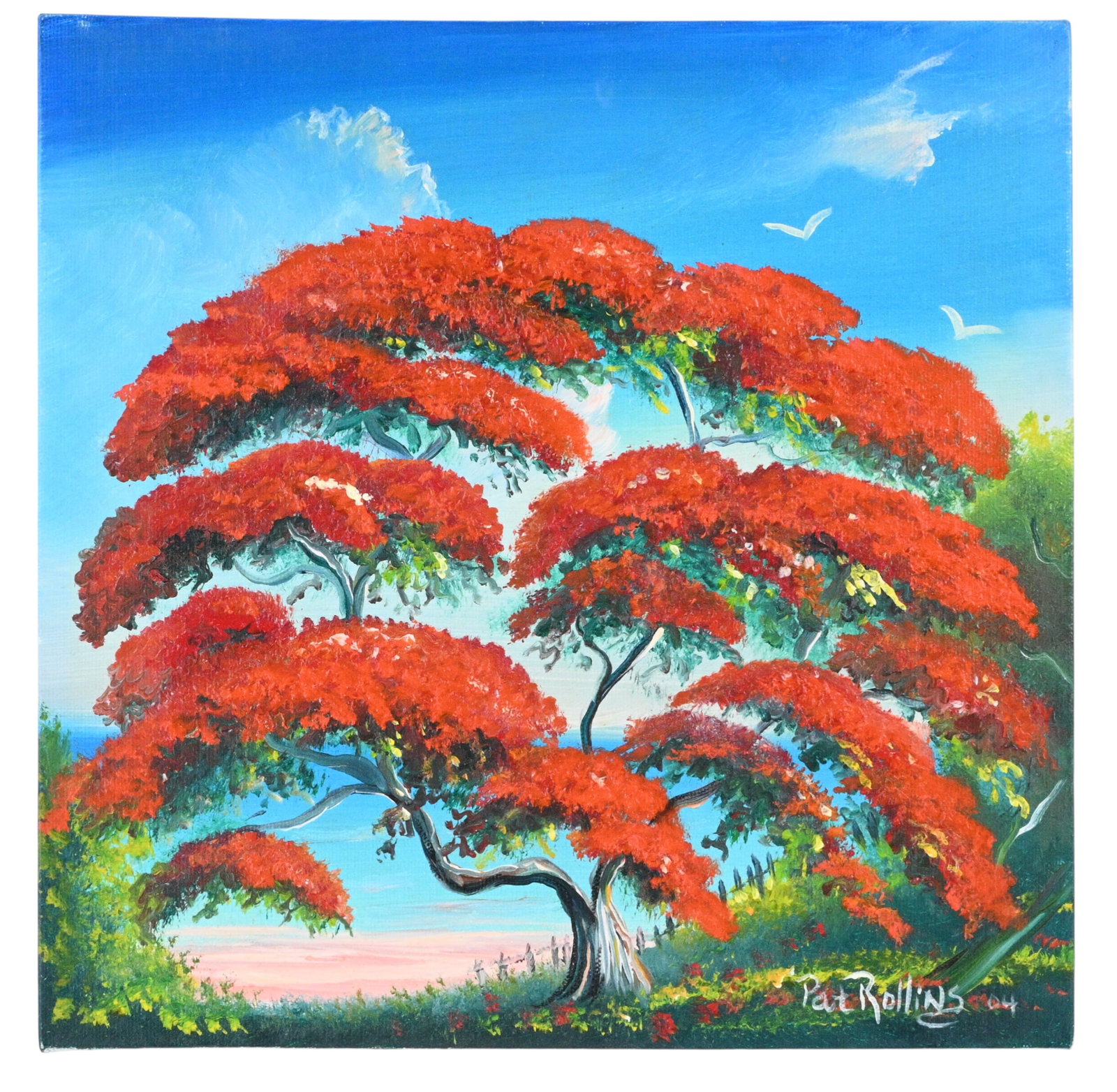 Pat Rollins. Royal Poinciana Tree: Pat Rollins. Royal Poinciana Tree. 2004. Signed and Dated. Heavy oil on canvas. Florida Highwayman style. Excellent condition. Size: 12" H x 12" W x 1.5" D. Provenance: Private Georgia Collection (30+