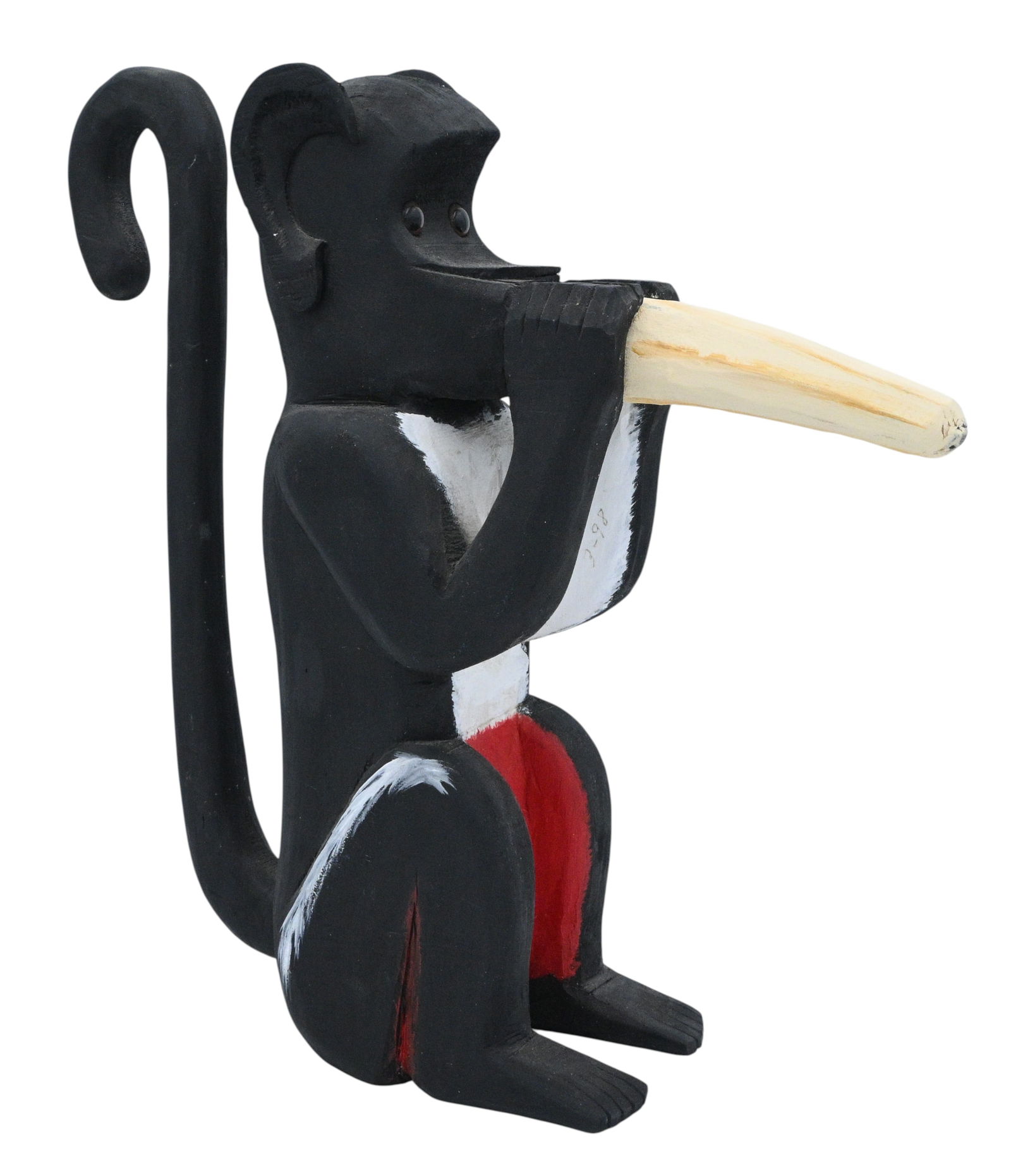 Ivy Billiot. Black Monkey With Banana: Ivy Billiot. (b. 1945) Black Monkey With Banana. Carved wood with paint. Excellent condition. Size: 13.5" H x 13.5" W x 4" D. Provenance: Micki Beth Stiller Collection. Purchased direct from the artis