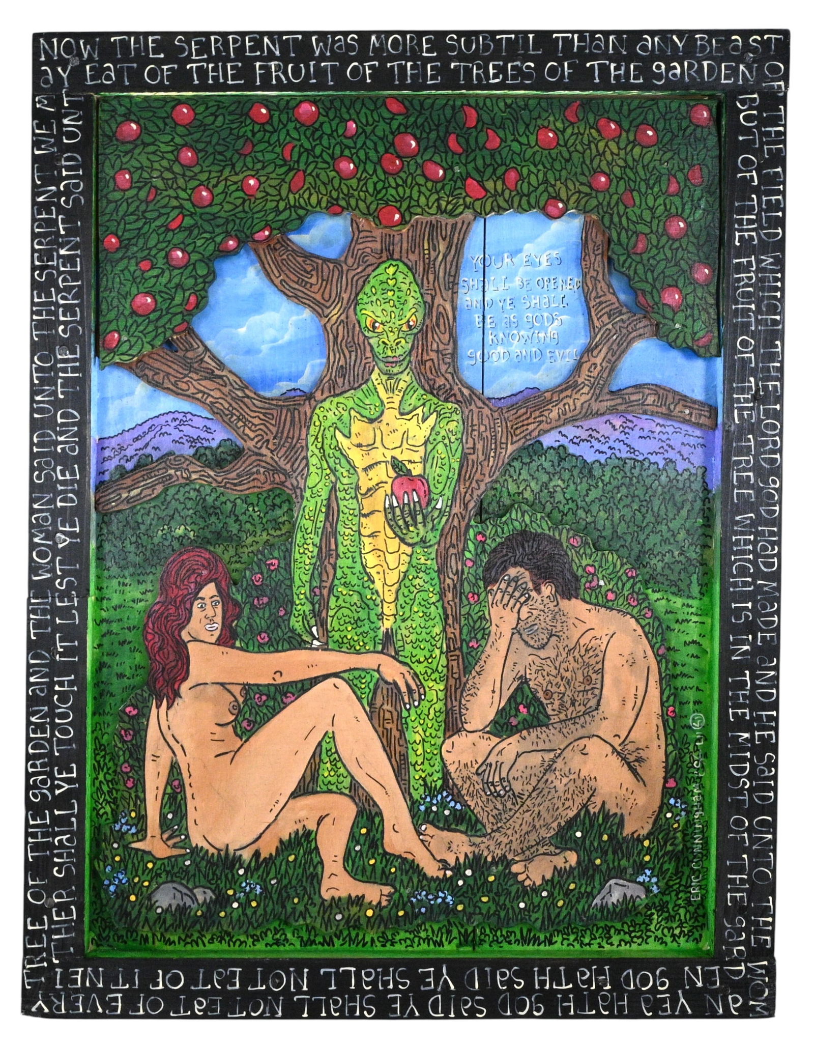 Eric Cunningham. Serpent Of Eden: Eric Cunningham. (b. 1973) Serpent Of Eden. Signed. Paint on heavy board. 3D cut out images. Biblical verse written along the perimeter of the artist made frame. "Now the serpent was more subtil than