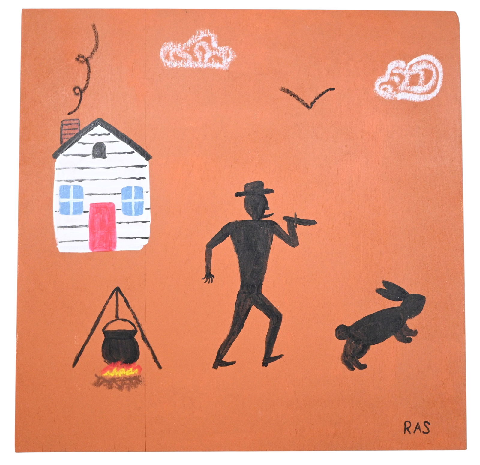 Randall Stephens. Run Rabbit Run!: Randall Stephens. Run Rabbit Run!.2025. Signed, Dated, and Titled. Paint on wood panel. Folk art painting of a man trying to catch his dinner to make rabbit stew. Excellent condition. Size: 