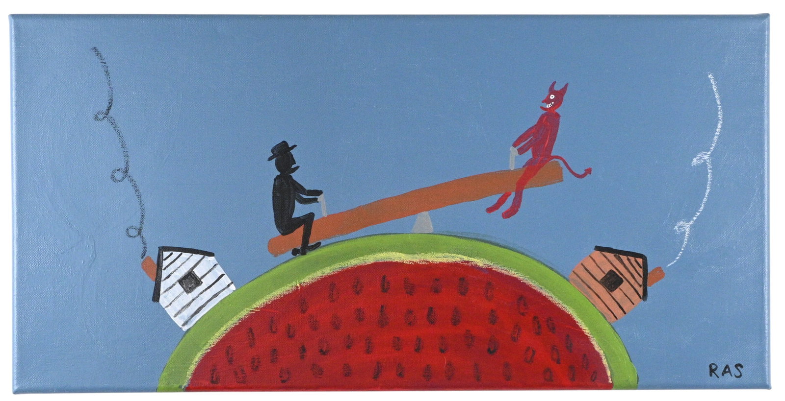 Randall Stephens. Sitting on Top of the World: Randall Stephens. Sitting on Top of the World.2025. Signed, Dated, and Titled. Paint on canvas. Folk art painting depicting a silhouetted man and a red devil balanced on a seesaw at the top of