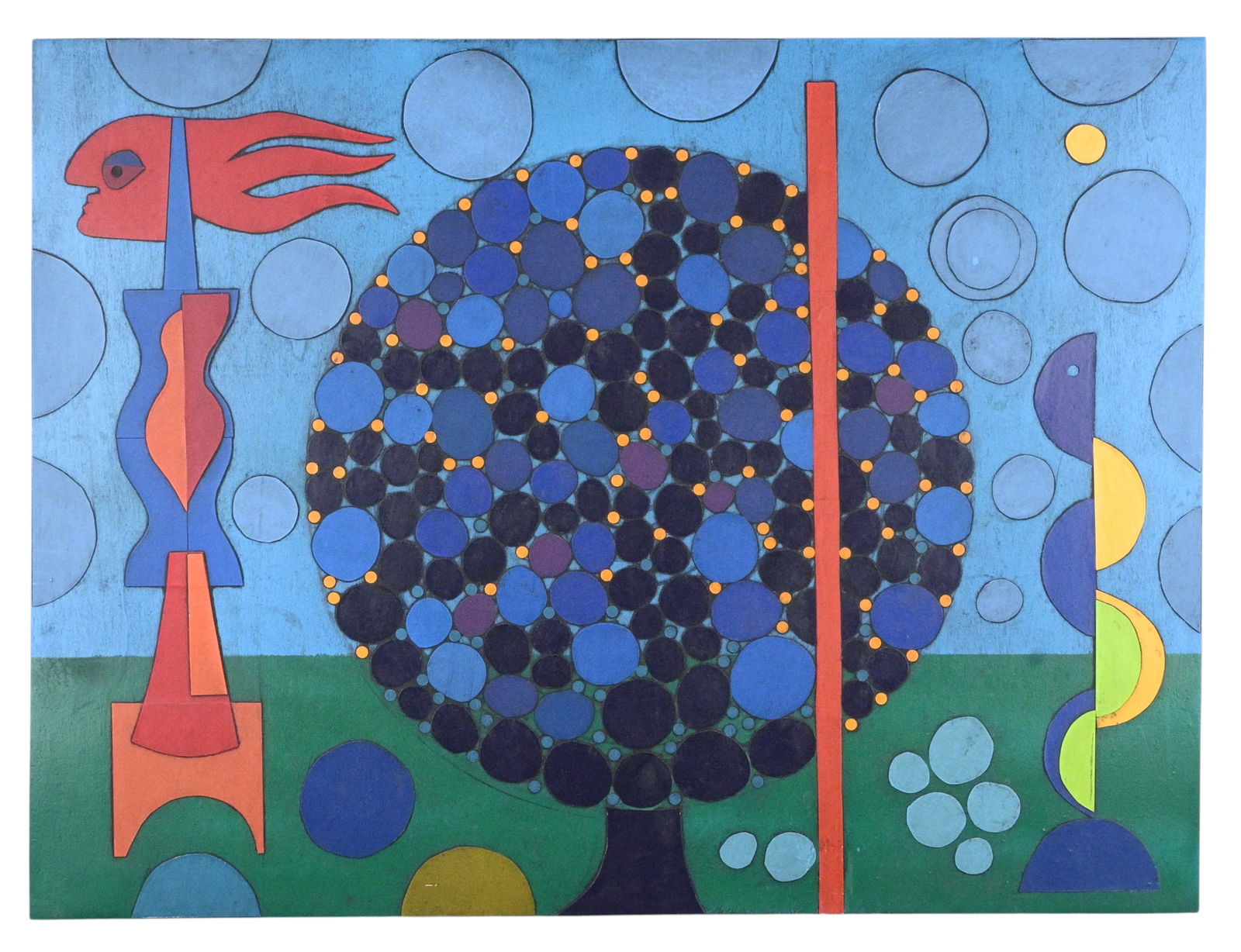 Oliver French. Tree of Blue Orbs: Oliver French. Tree of Blue Orbs. 2019. Signed and Dated. Paint and applied geometric shapes on a wood board. Contemporary self taught American artist best known for bold, symbol driven paintings buil