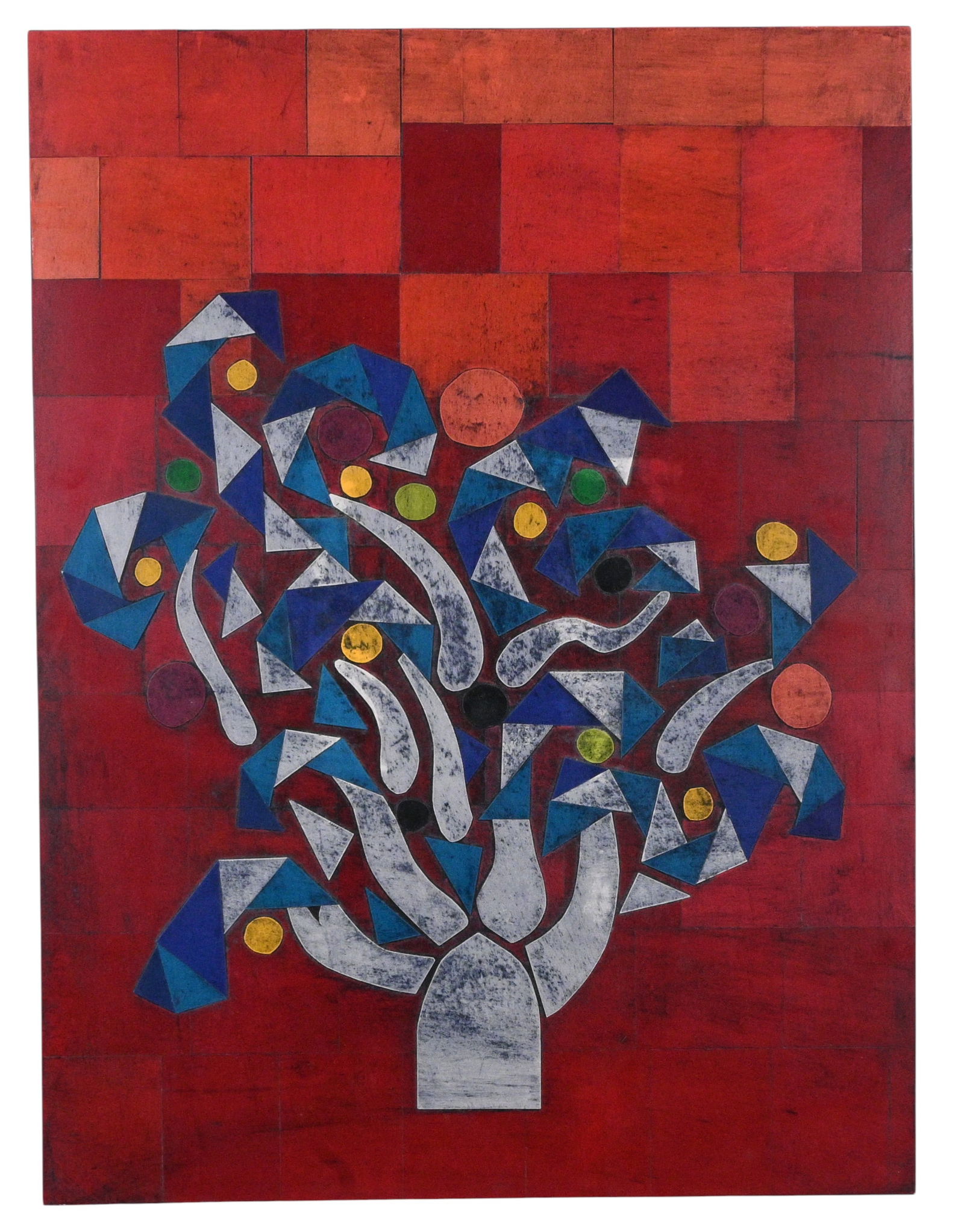 Oliver French. Geometric Harvest: Oliver French. Geometric Harvest.2019. Signed and Dated. Paint and applied geometric shapes on a wood board. Contemporary self taught American artist best known for bold, symbol driven paintings