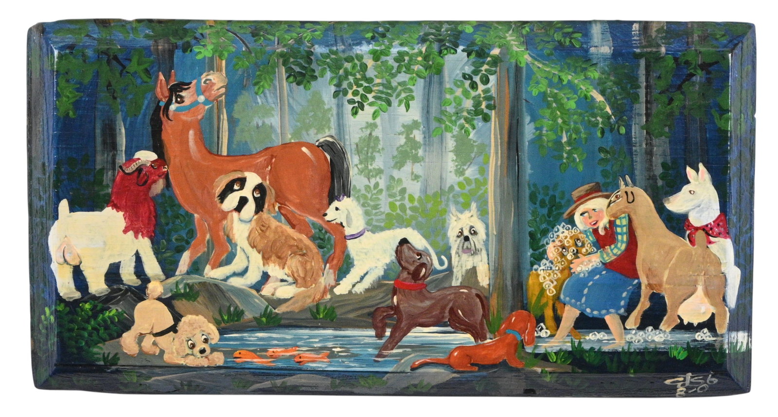 Carol Salas. Playing at the Pond: Carol Salas. Playing at the Pond.2006. Signed and Dated. Paint on wood. Hand painted folk art scene on a long wooden panel depicting a lively woodland setting filled with animals and a woman. 