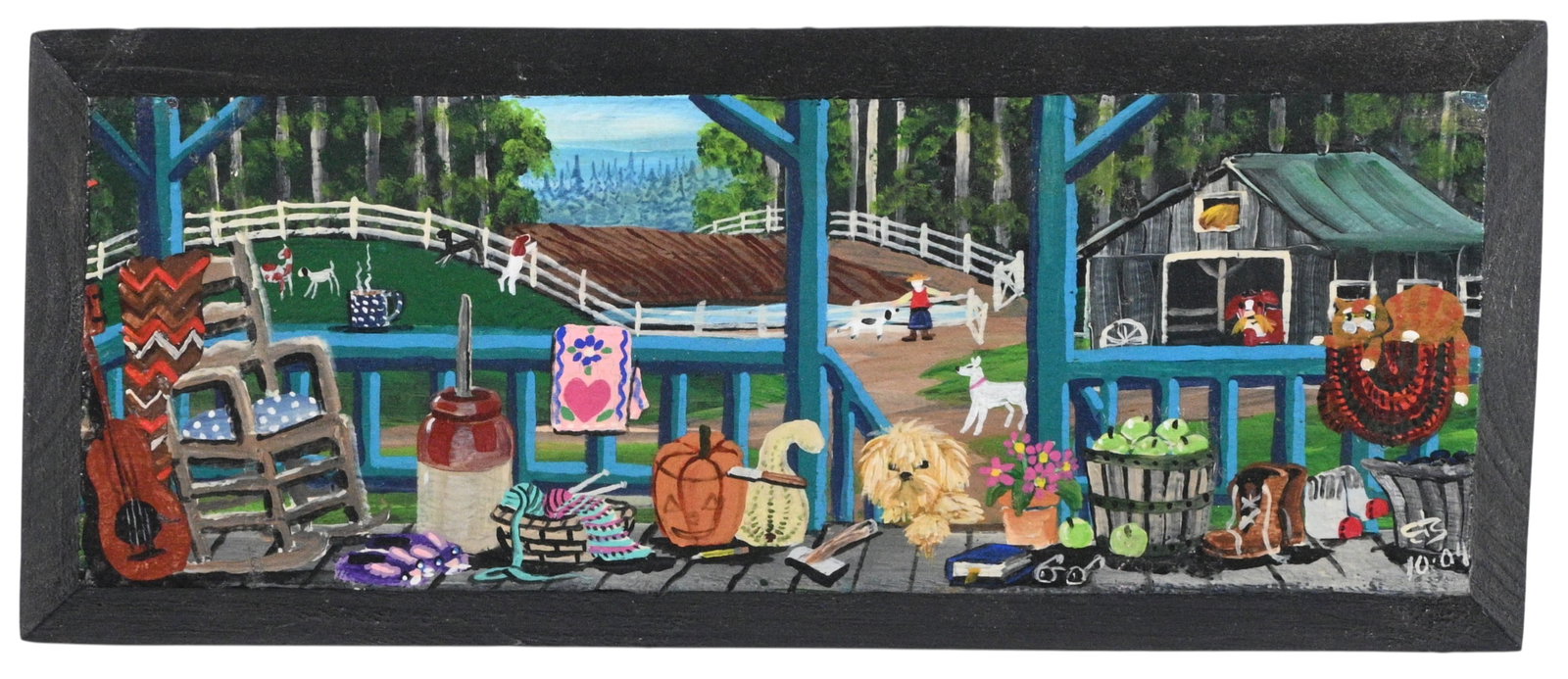 Carol Salas. Farm Life: Carol Salas. Farm Life.2004. Signed and Dated. Paint on wood. Hand painted folk art scene on a long wooden panel depicting a farm landscape with several animals. Look at that cute cat on the