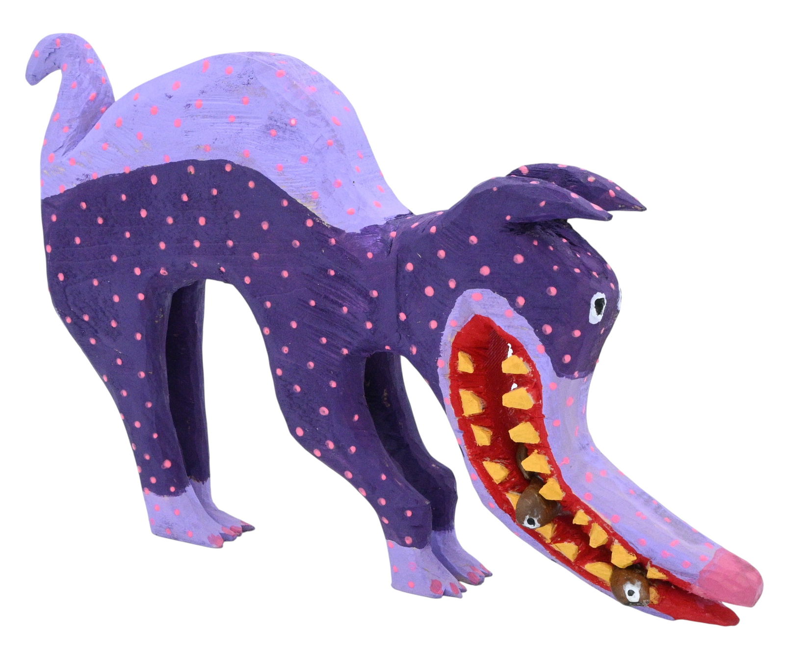 Minnie Adkins. Roach Terminator: Minnie Adkins. (b. 1934)Roach Terminator.2025. Signed and Dated. Carved wood with paint. Purple colored roach terminator with three "roaches" in its mouth made out of pawpaw seeds. Excellent