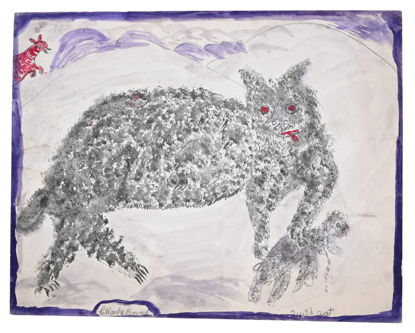 Charley Kinney. Wild Cat: Charley Kinney. (1906-1991) Wild Cat. Signed and Titled. Paint, watercolor, and pencil on poster. Excellent condition. Size: 22" H x 28" W. Provenance: Larry Hackley Collection. Est. $300 - $600. Ship