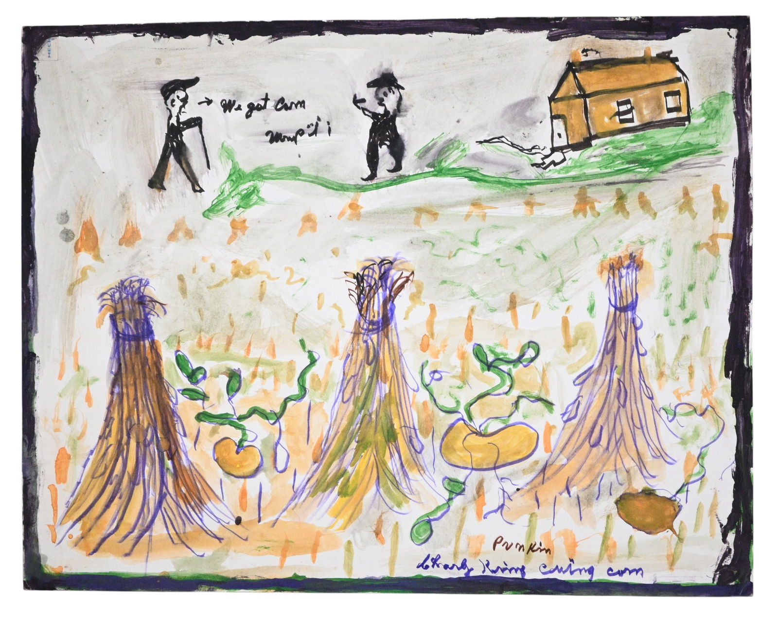 Charley Kinney. Charley Kinney Cutting Corn: Charley Kinney. (1906-1991) Charley Kinney Cutting Corn. Signed and Titled. Paint, watercolor, and pencil on poster. Excellent condition. Size: 22" H x 28" W. Provenance: Larry Hackley Collection. Est