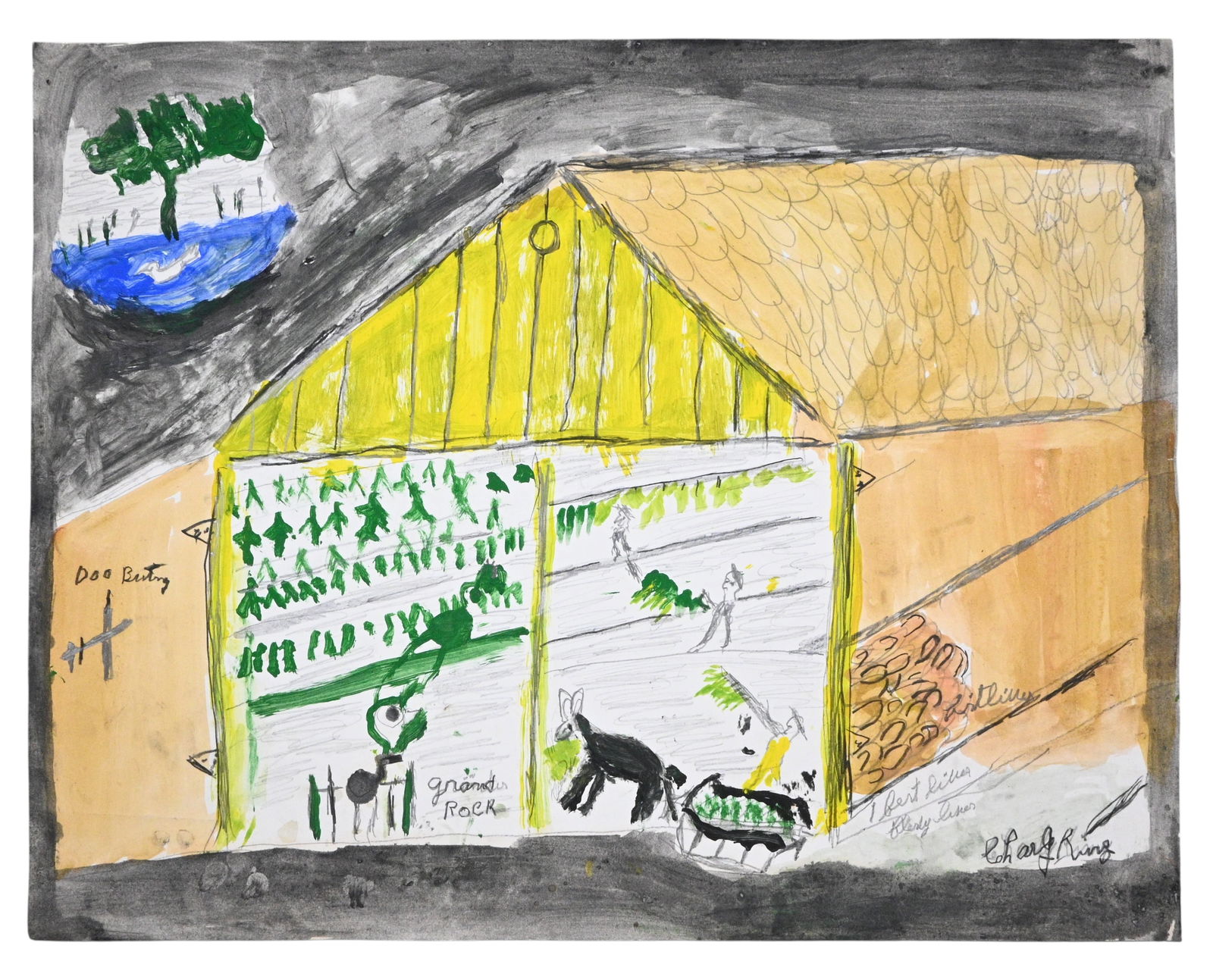 Charley Kinney. Grand Rock: Charley Kinney. (1906-1991) Grand Rock. Signed. Paint, watercolor, and pencil on poster. Excellent condition. Has original tack holes from Charley hanging the piece. Size: 22.5" H x 28.5" W. Provenanc