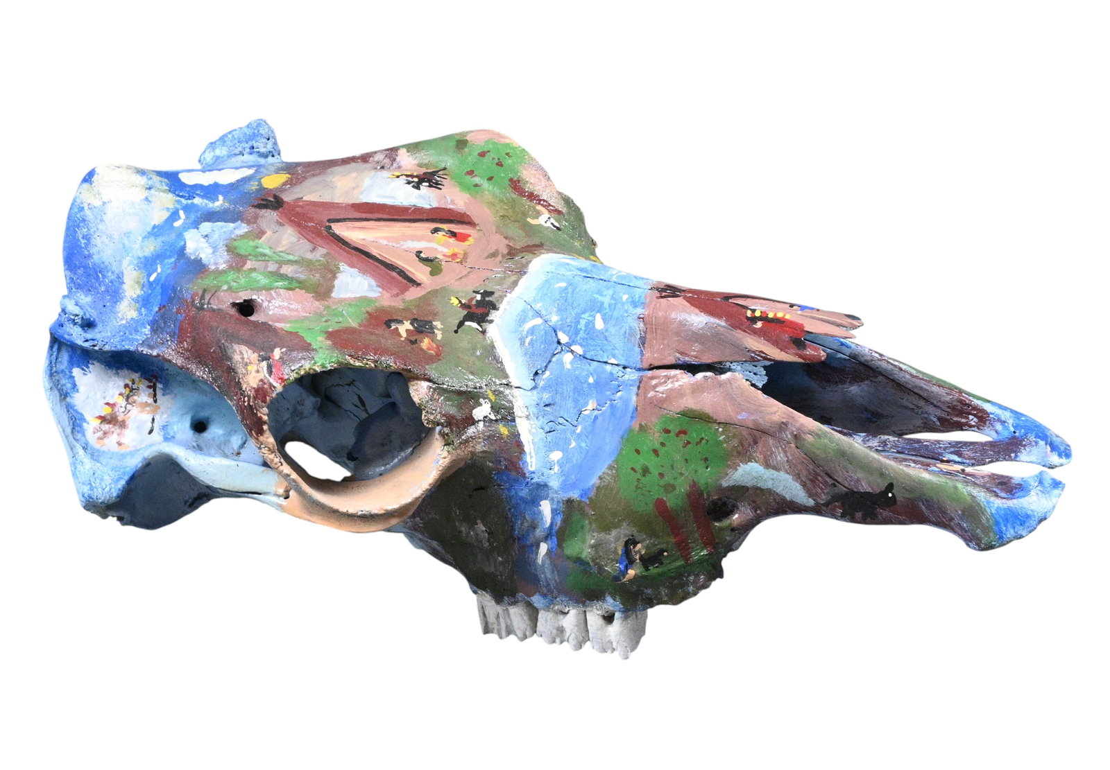 Sharon Cooper. Painted Skull: Sharon Cooper. Painted Skull. 2013. Signed and Dated. Paint on cow skull. Painted scenes depict Native American life. Excellent condition. Size: 6.5" H x 18.5" W x 9" D. Provenance: Prominent Private