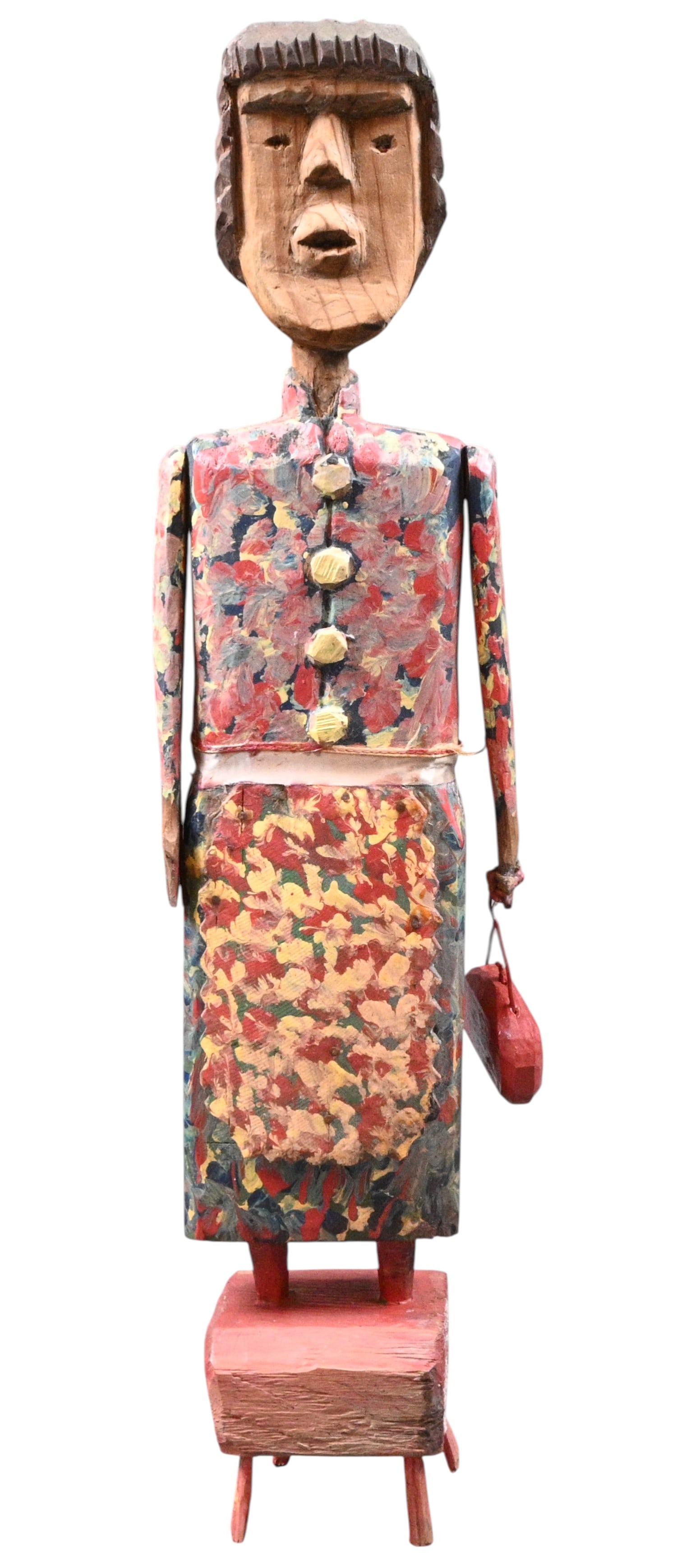 Carl McKenzie. Lady with Purse on Stand Carving: Carl McKenzie. (1905-1998) Lady with Purse on Stand Carving. Signed. Carved and painted wood. A very nice older McKenzie piece. Excellent condition. Size: 18.75" H x 4.5" W x 3" D. Provenance: Larry H