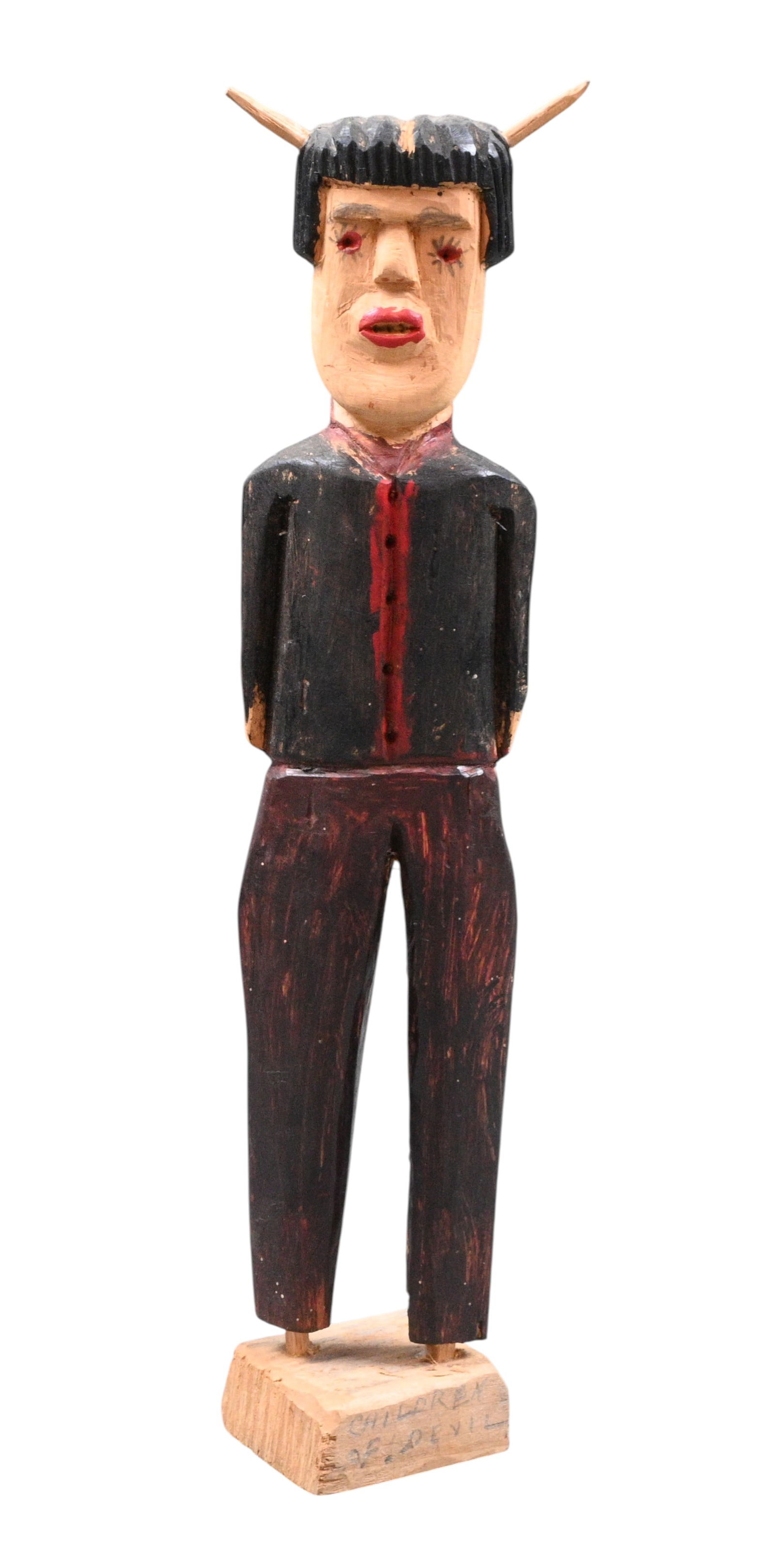 Carl McKenzie. Children of Devil Carving: Carl McKenzie. (1905-1998)Children of Devil Carving.Not Signed. Carved and painted wood. 100% authentic piece. Good condition. Minor loss of paint. Size: 12.75" H x 2.5" W x 2" D. 