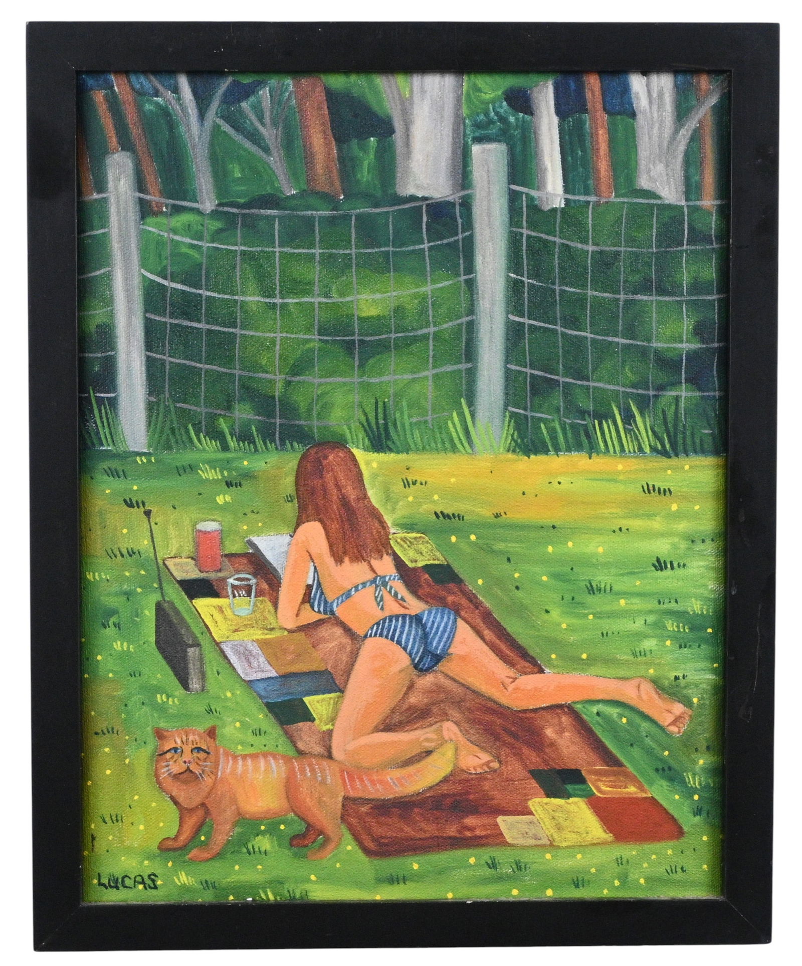 David Lucas. Sunbathin: David Lucas. (1948-2021)Sunbathin.1982. Signed and Dated. Oil on canvas. Exhibited at the Kentucky Folk Art Museum 2013. Excellent condition. Size with Frame: 15.5" H x 12.5" W. Provenance: 