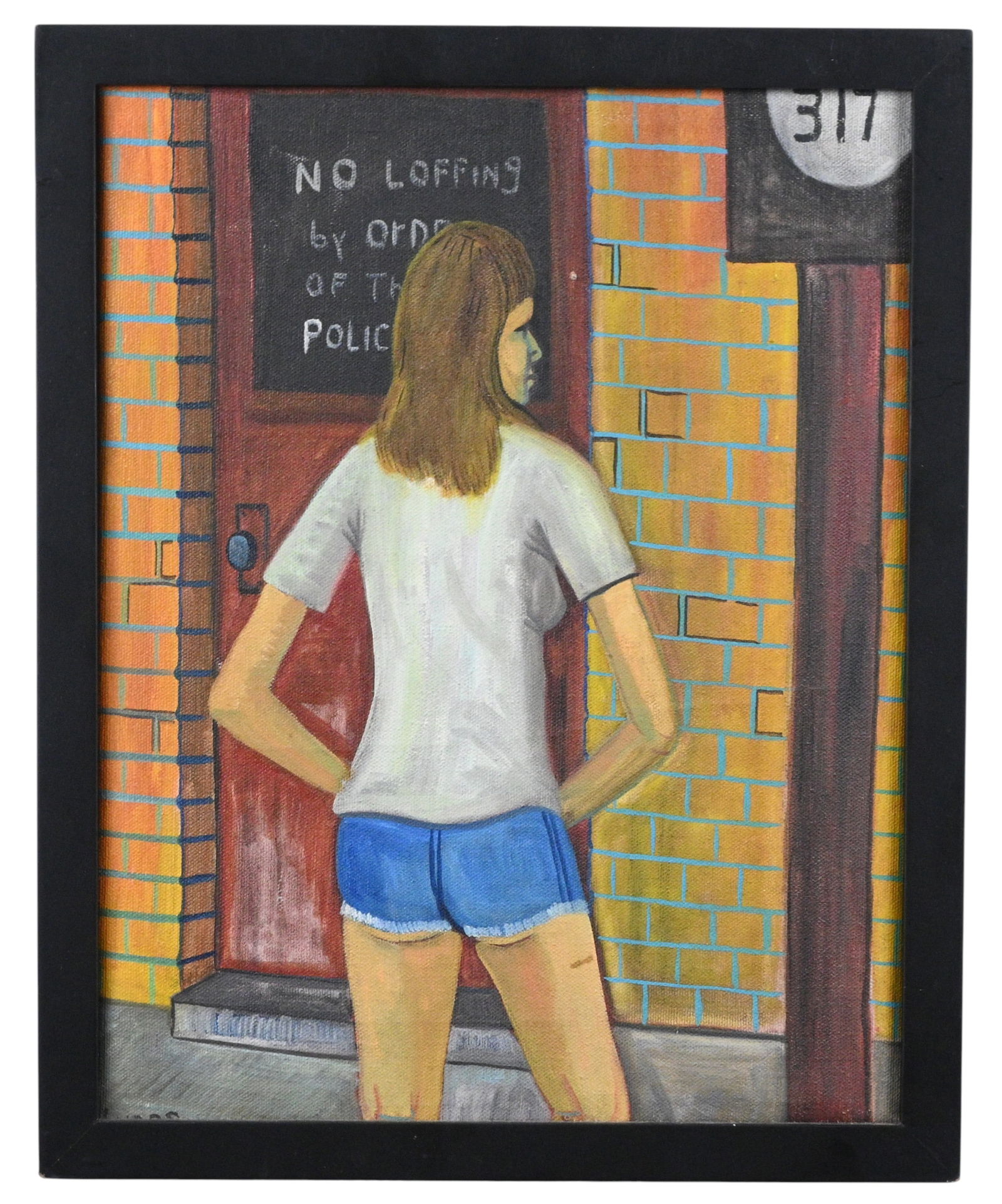 David Lucas. No Loffing: David Lucas. (1948-2021)No Loffing.1978. Signed and Dated. Oil on canvas. Good condition. A minor mark on the door frame. Size with Frame: 15.5" H x 12.5" W. Provenance: Prominent Private