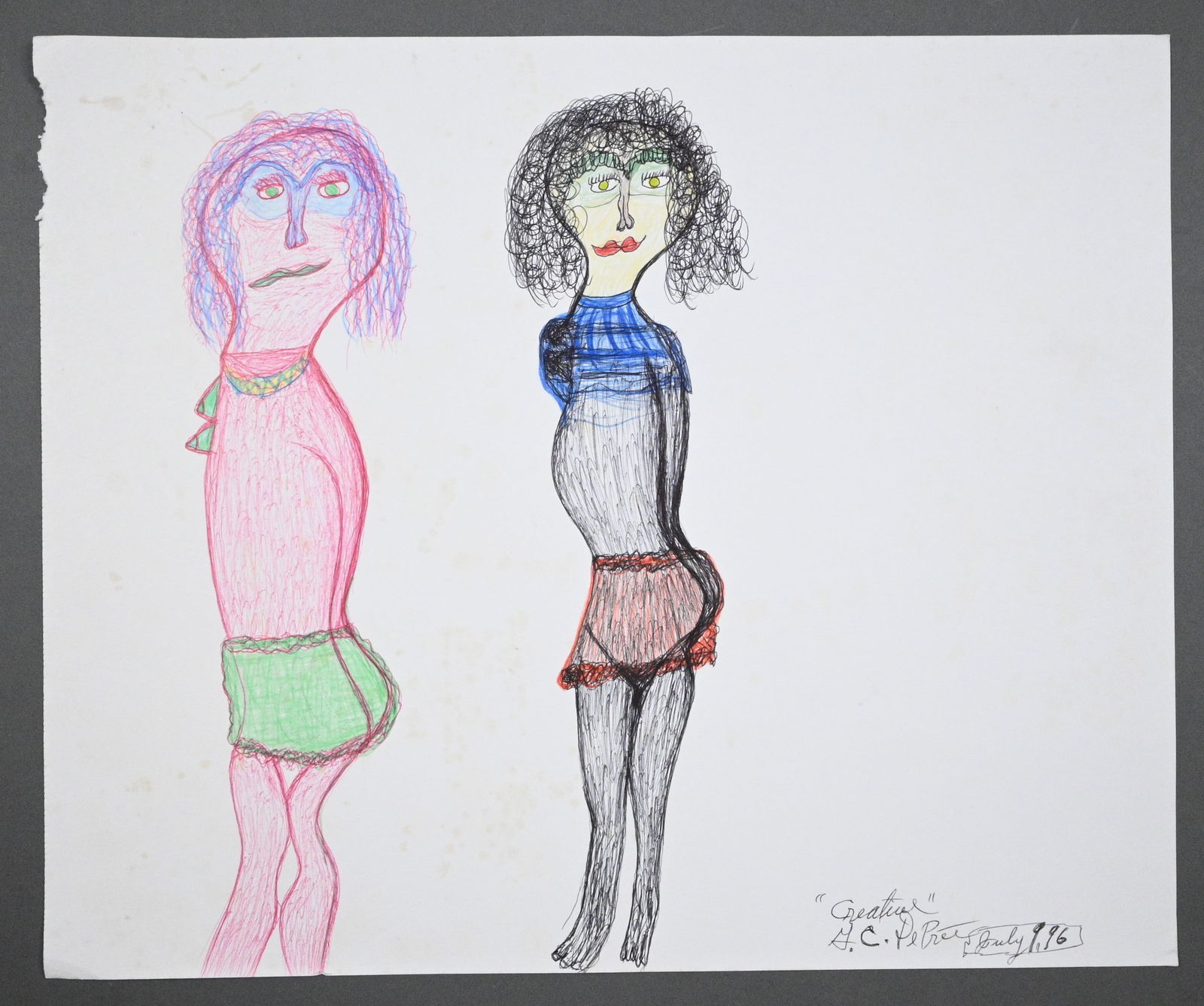 Creative G.C. DePrie. Lingerie Ladies: Creative G.C. DePrie. (1935-1999)Lingerie Ladies.1996. Signed and Dated. Ink on poster board paper. Good condition. Some spotting on paper and rough edge at upper left. Size: 14" H x 17" W. 