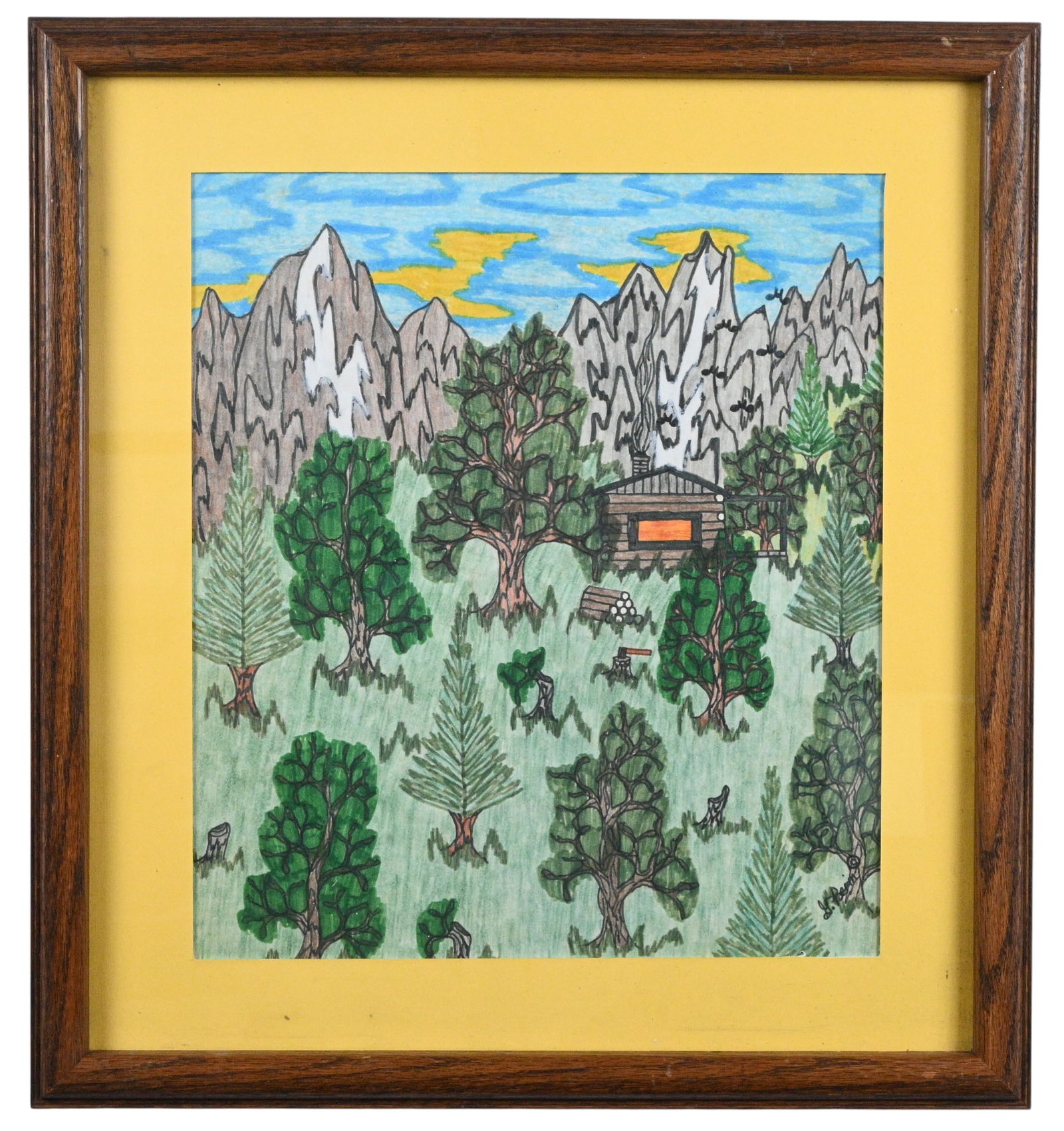 Gilbert Perrin. Cabin in the Woods: Gilbert Perrin. (1944-2005)Cabin in the Woods.Signed. Colored pencil on paper. Perrin was born in Grayson, Kentucky. After moving around quite a bit during his working life, he later settled in