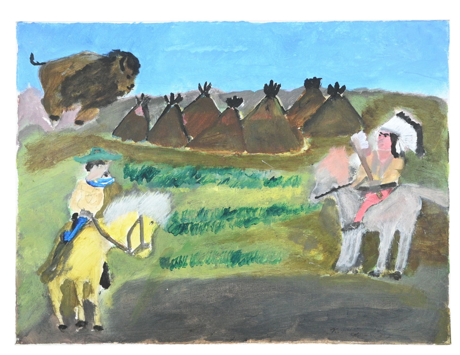 Ronnie Clemons. Indian Chief Painting: Ronnie Clemons. Indian Chief Painting.Signed. Paint on canvas. Kentucky artist. Good condition. Size: 18" H x 24" W. Provenance: Private North Carolina Collection. Purchased direct from the