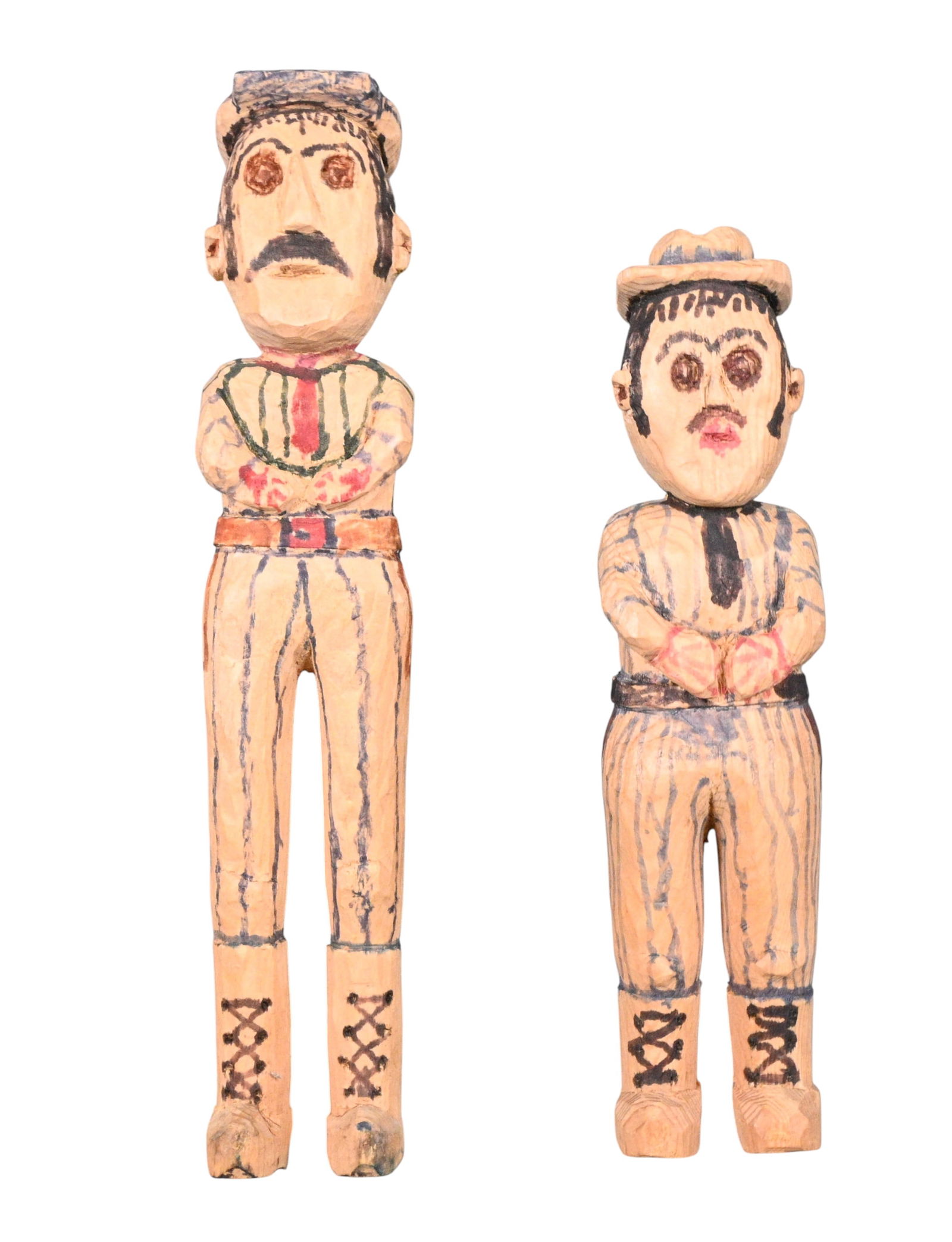 Pair of Men in Striped Suites Scrap Lumber Carvings: Pair of Men in Striped Suites Scrap Lumber Carvings. Wood carvings made from scrap lumber. Excellent condition. Size: Largest is 7.5" H x 1.5" W x 1.25" D. Provenance: Larry Hackley Collection.