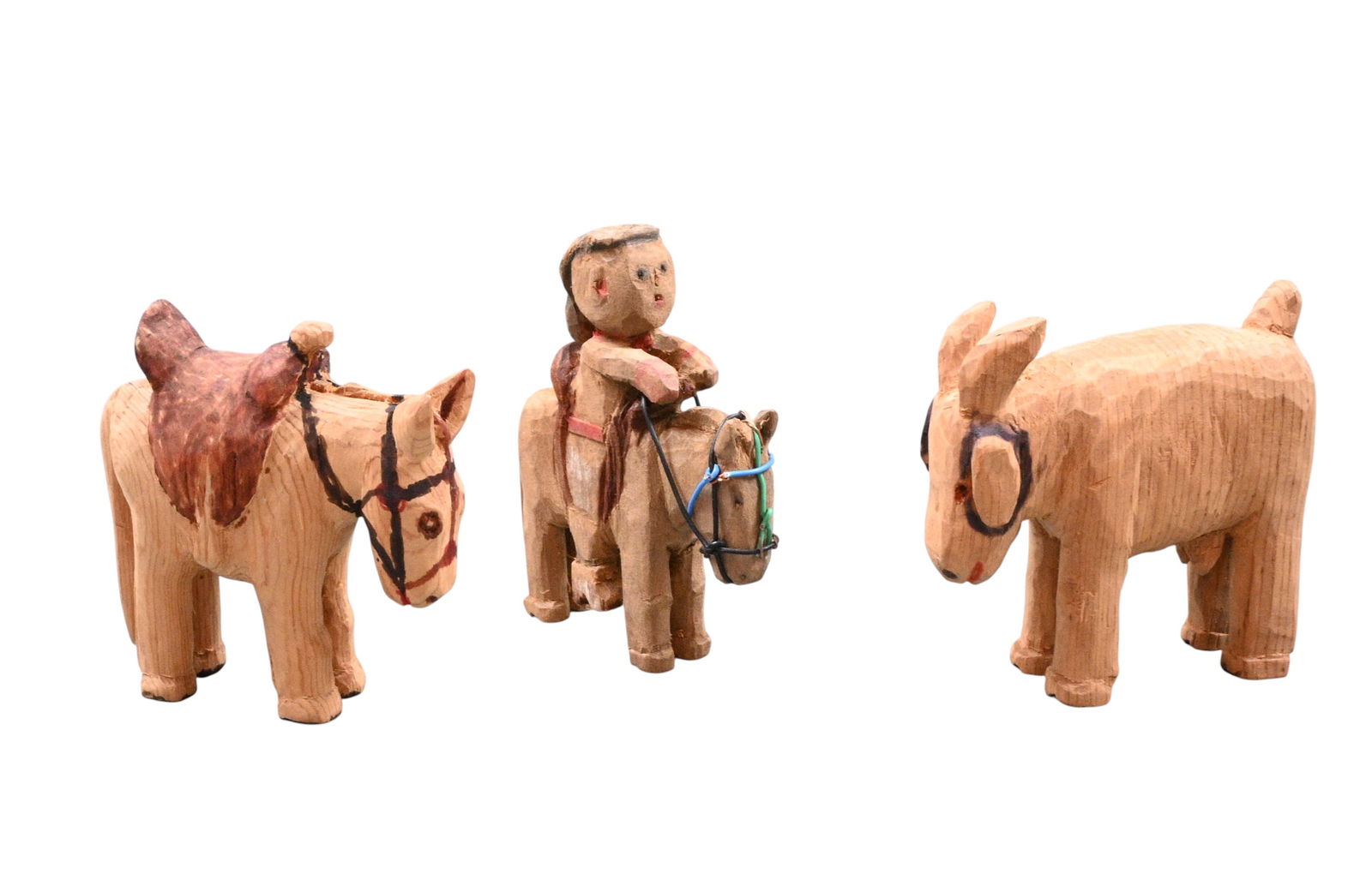 Goat, Mule, & Horse Rider Scrap Lumber Carvings: Goat, Mule, & Horse Rider Scrap Lumber Carvings. Wood carvings made from scrap lumber. Excellent condition. Size: Largest is 4.25" H x 3.5" W x 1.25" D. Provenance: Larry Hackley Collection. 