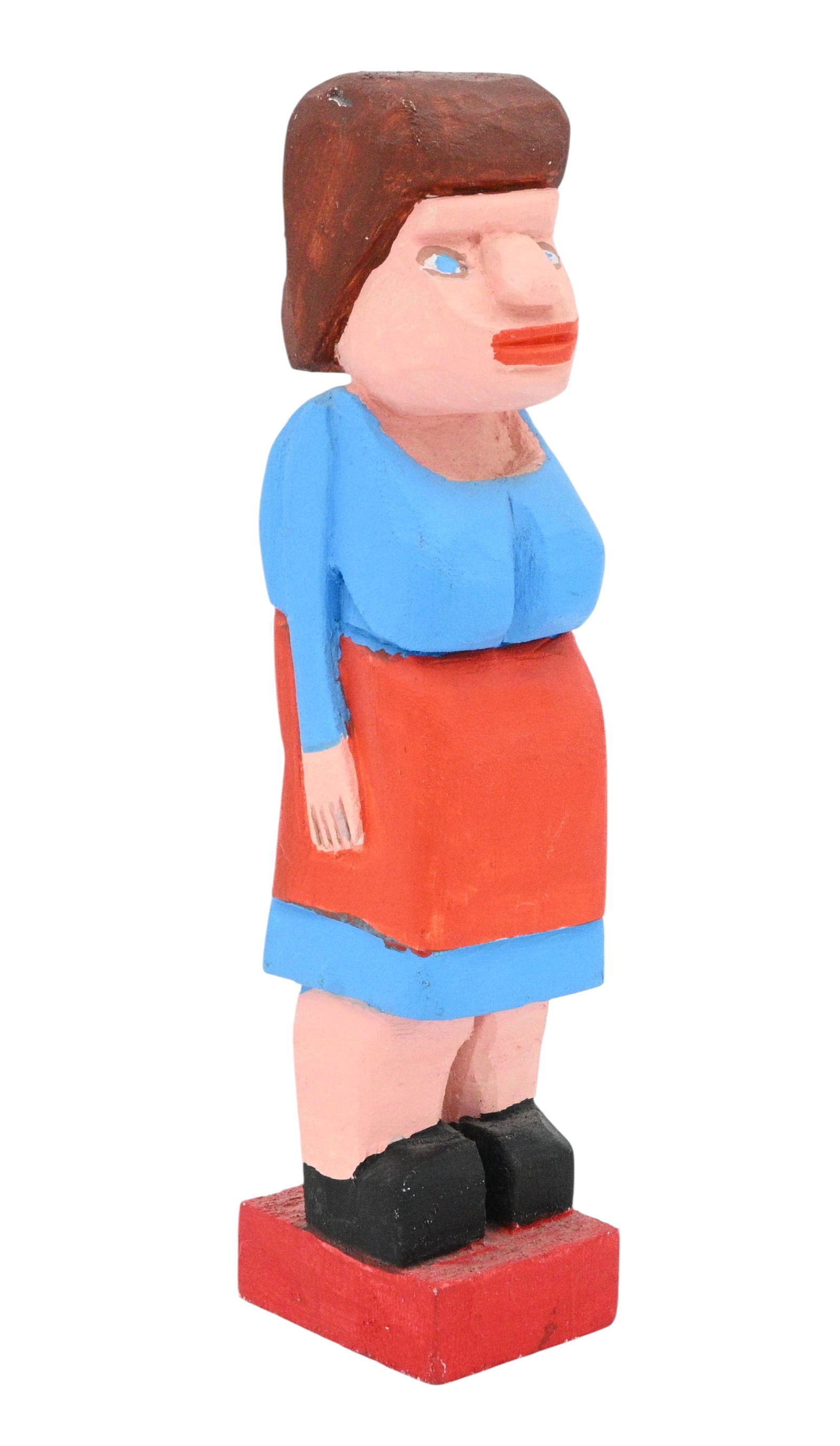 Hugo Sperger. Woman in Blue/Red Apron: Hugo Sperger. (1922-1996)Woman in Blue/Red Apron.Signed. Carved wood and paint. Excellent condition. Size: 8" H x 1.75" W x 2" D. Provenance: Micki Beth Stiller Collection. Est. $100 - $300.