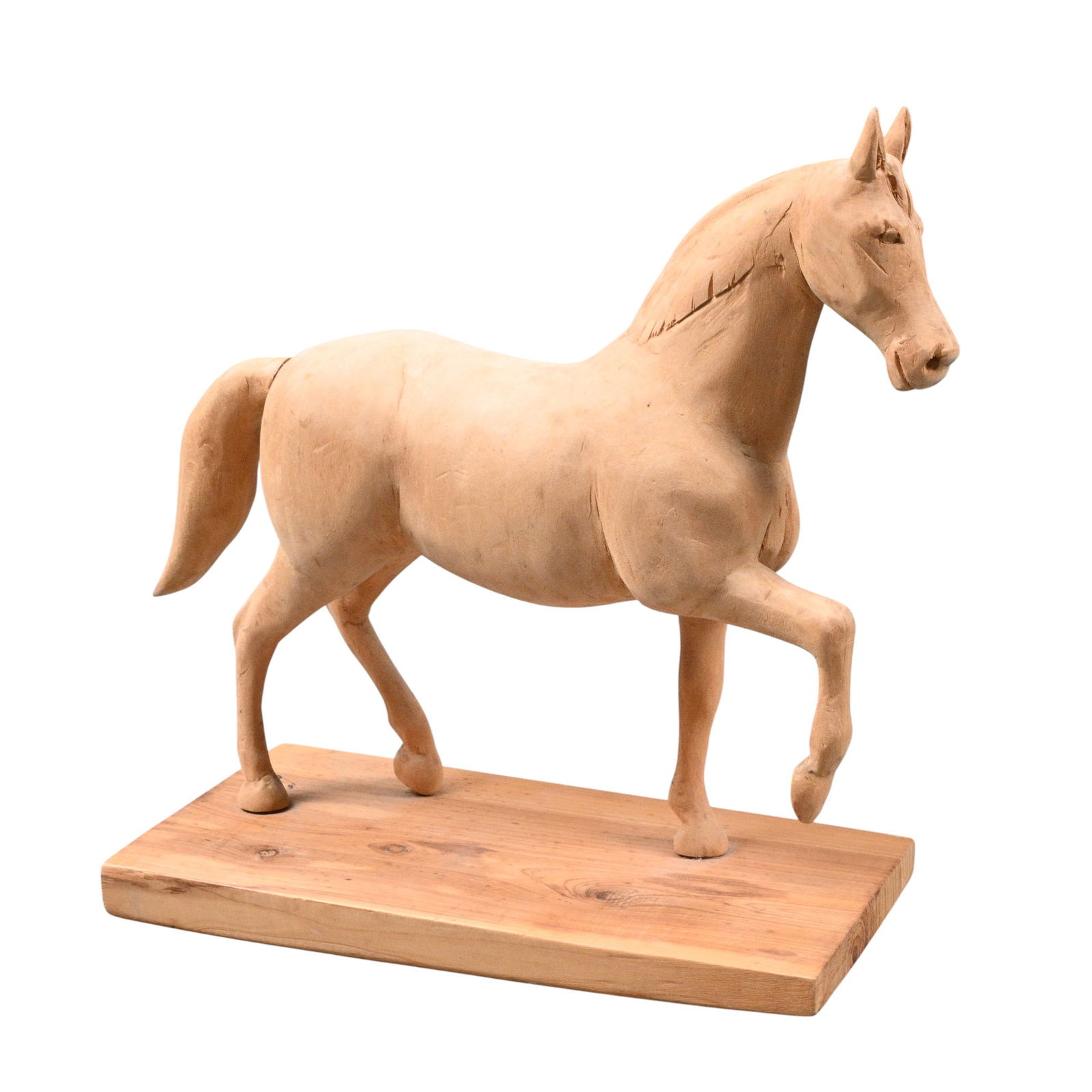 Edwin Platt. Wooden Carved Horse: Edwin Platt. Wooden Carved Horse.Signed. Carved wood with a smooth surface. Ohio artist. Excellent condition. Size: 9.25" H x 10" W x 4" D. Provenance: Prominent Private Kentucky Collection. 