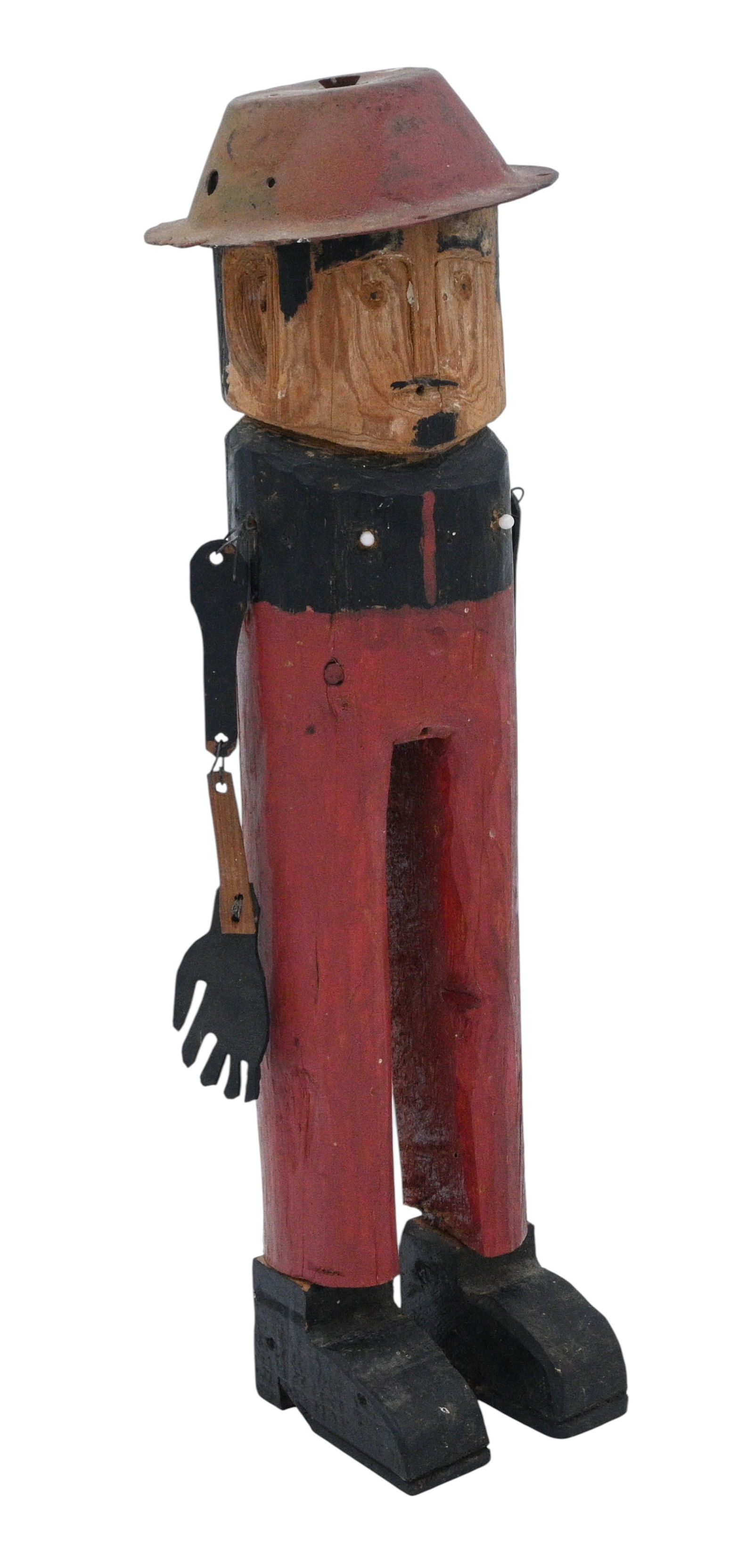 Anonymous. Man In Tin Hat: Anonymous. Man In Tin Hat.Carved wood with paint. Man in tin hat, part of articulated left arm is missing/ pearl shaped and colored breasts. 687.15.70 hand written on bottom. Great carved faced. 