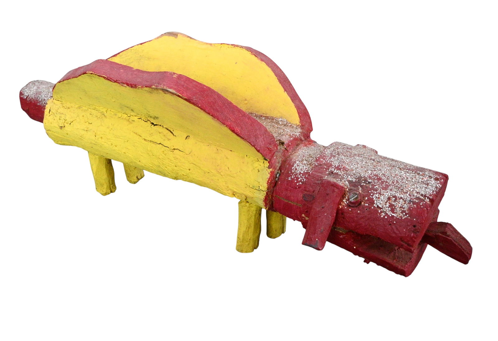 Wood Critter With Glitter: Wood Critter With Glitter. Not Signed. In the style of Clyde Jones. Red and yellow paint with glitter on top. Appears to have a dog face. Good condition. Some loss of paint under chin. Size: 