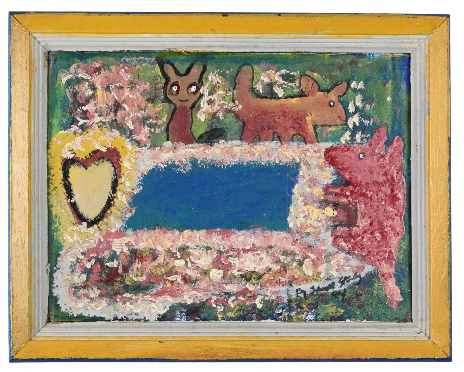 Jewell Starday. Animals & Heart: Jewell Starday. (b. 1938)Animals & Heart.1994. Signed and Dated. Paint on corrugated board. Very cute with strong colors. Good condition. Small ply separation at bottom to the left of the