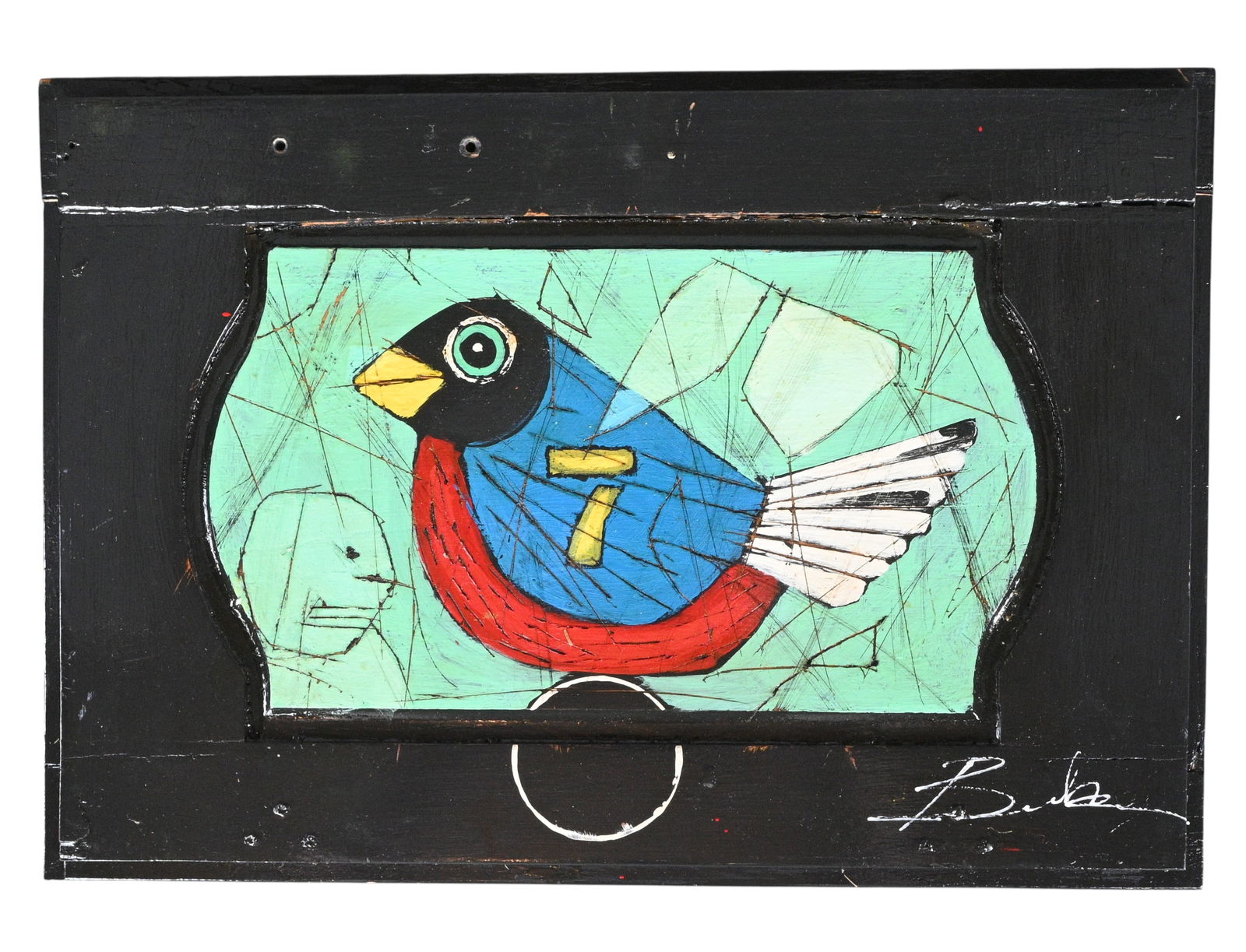 Michael Banks. Bird On Cabinet Door: Michael Banks. Bird On Cabinet Door.Signed. Paint on wooden cabinet door. Excellent condition. Size: 13" H x 19" W. Provenance: Micki Beth Stiller Collection. Est. $300 - $600. Ship: