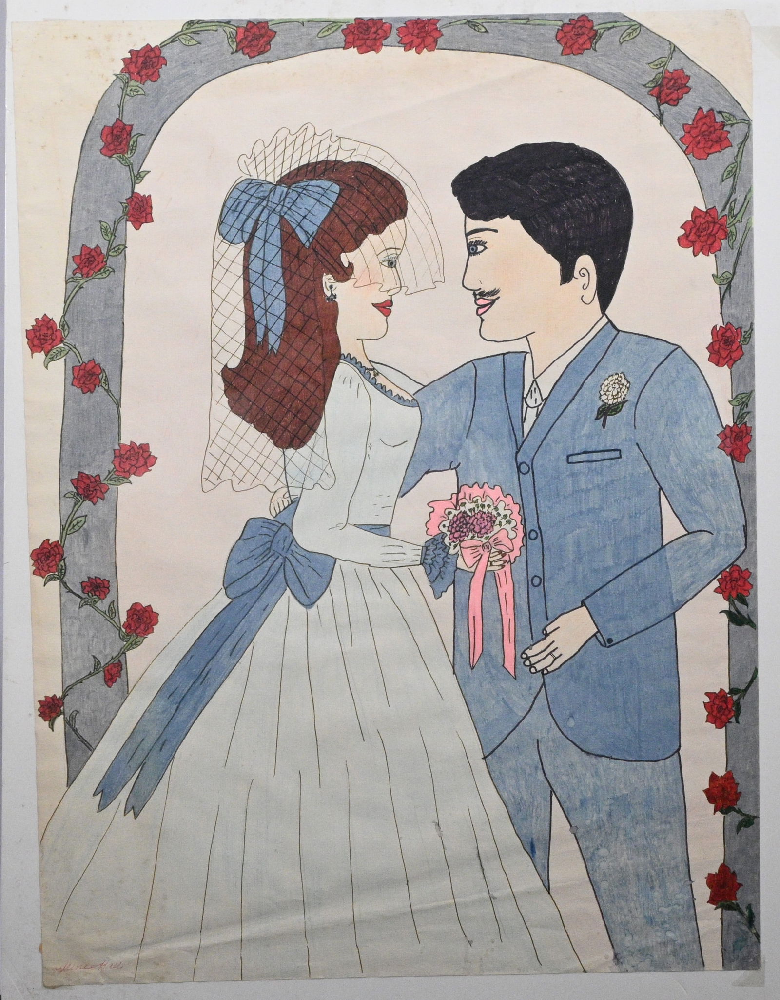 Irene Hall. Wedding Couple: Irene Hall. Wedding Couple. Signed. Watercolor on paper. Fair condition. Stains and marks on paper. Size: 25" H x 19" W. Provenance: Larry Hackley Collection. Est. $20 - $100. Ship: In-House Shipping