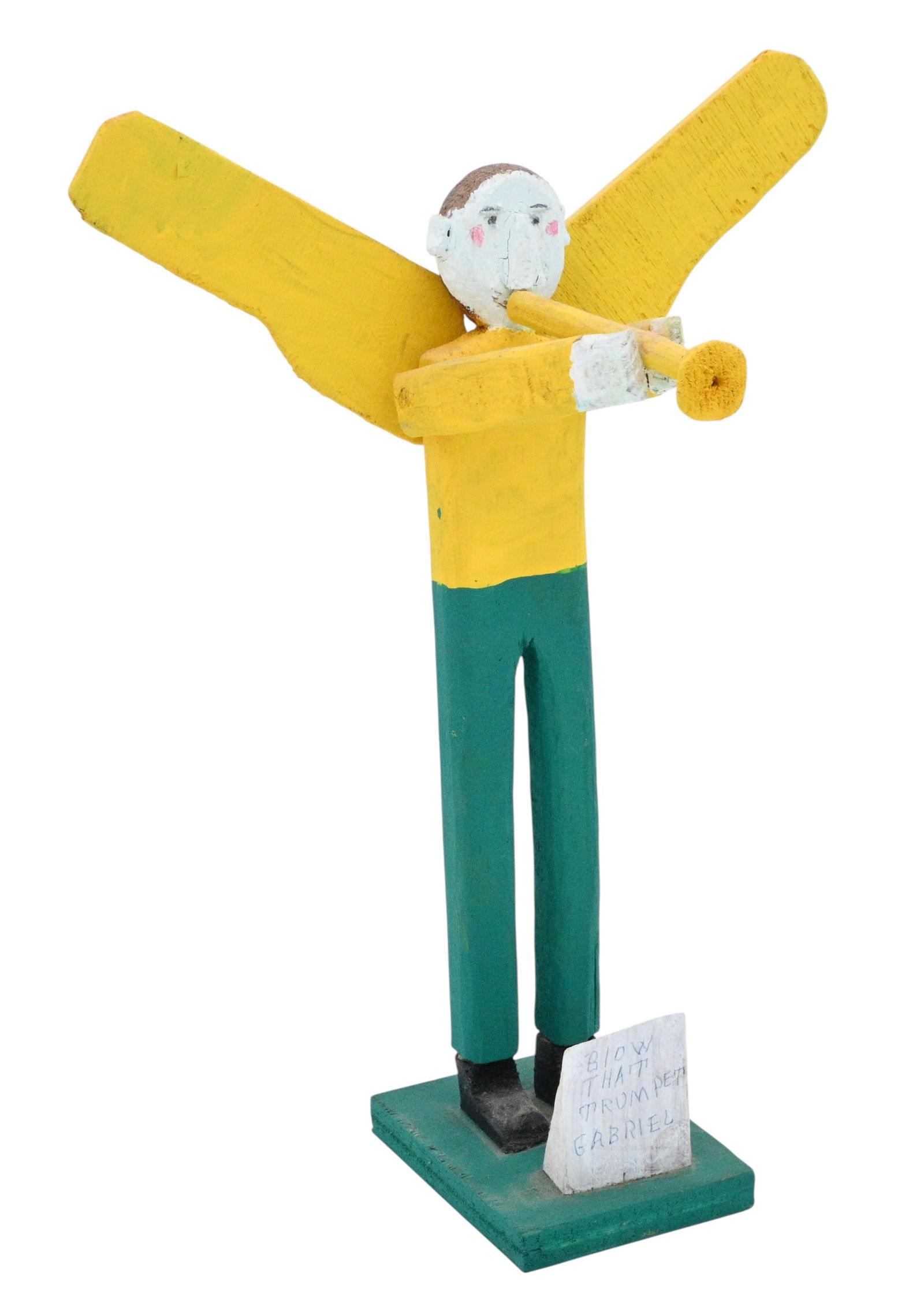 Fred Webster. Blow that Trumpet Gabriel: Fred Webster. (1911-1998)Blow that Trumpet Gabriel.Signed and Titled. Carved wood with paint. Excellent condition. Size: 12.25" H x 8.75" W x 3.75" D. Provenance: Micki Beth Stiller