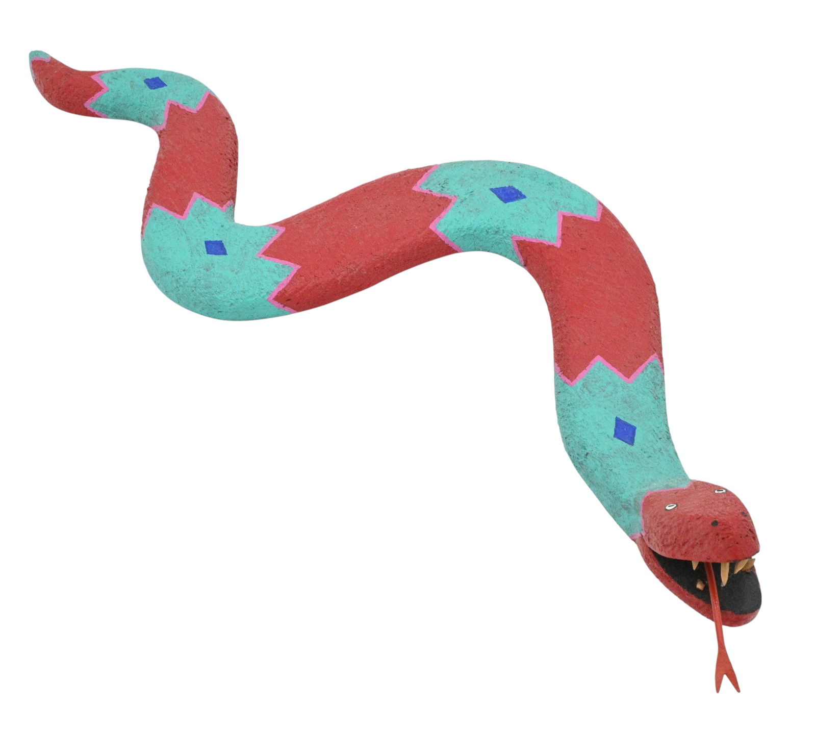 Jim Davila. Red & Turquoise Wood Carved Snake: Jim Davila. Red & Turquoise Wood Carved Snake.Signed. Red and turquoise diamond back snake with a flat profile. Excellent condition. Size: 2.75" H x 21" W x 9" D. Provenance: Micki Beth