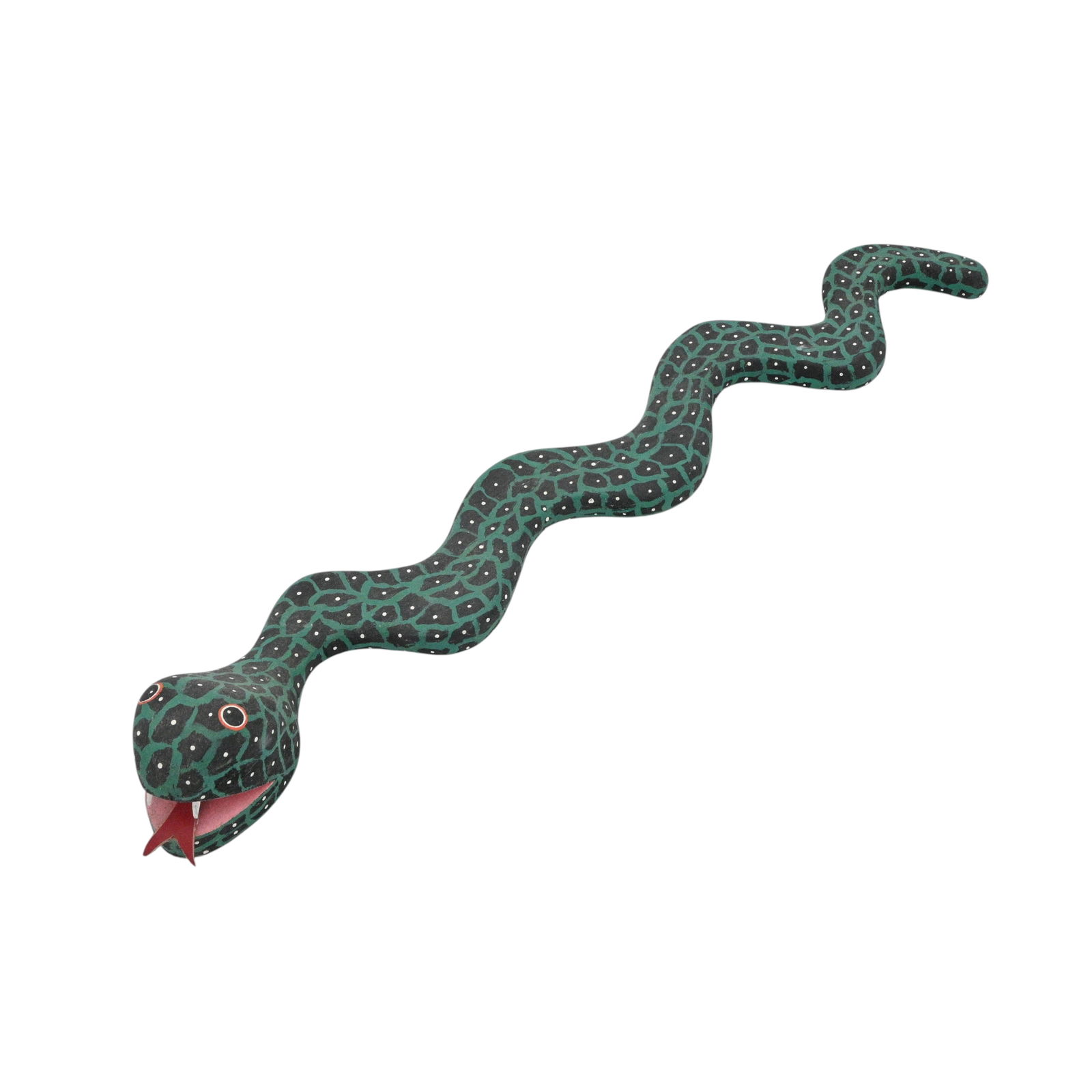 Anonymous. Black & Green Wood Carved Snake: Anonymous. Black & Green Wood Carved Snake.Green with black scales and a red leather tongue. Excellent condition. Size: 3" H x 24.5" W x 4" D. Provenance: Micki Beth Stiller Collection. Est.