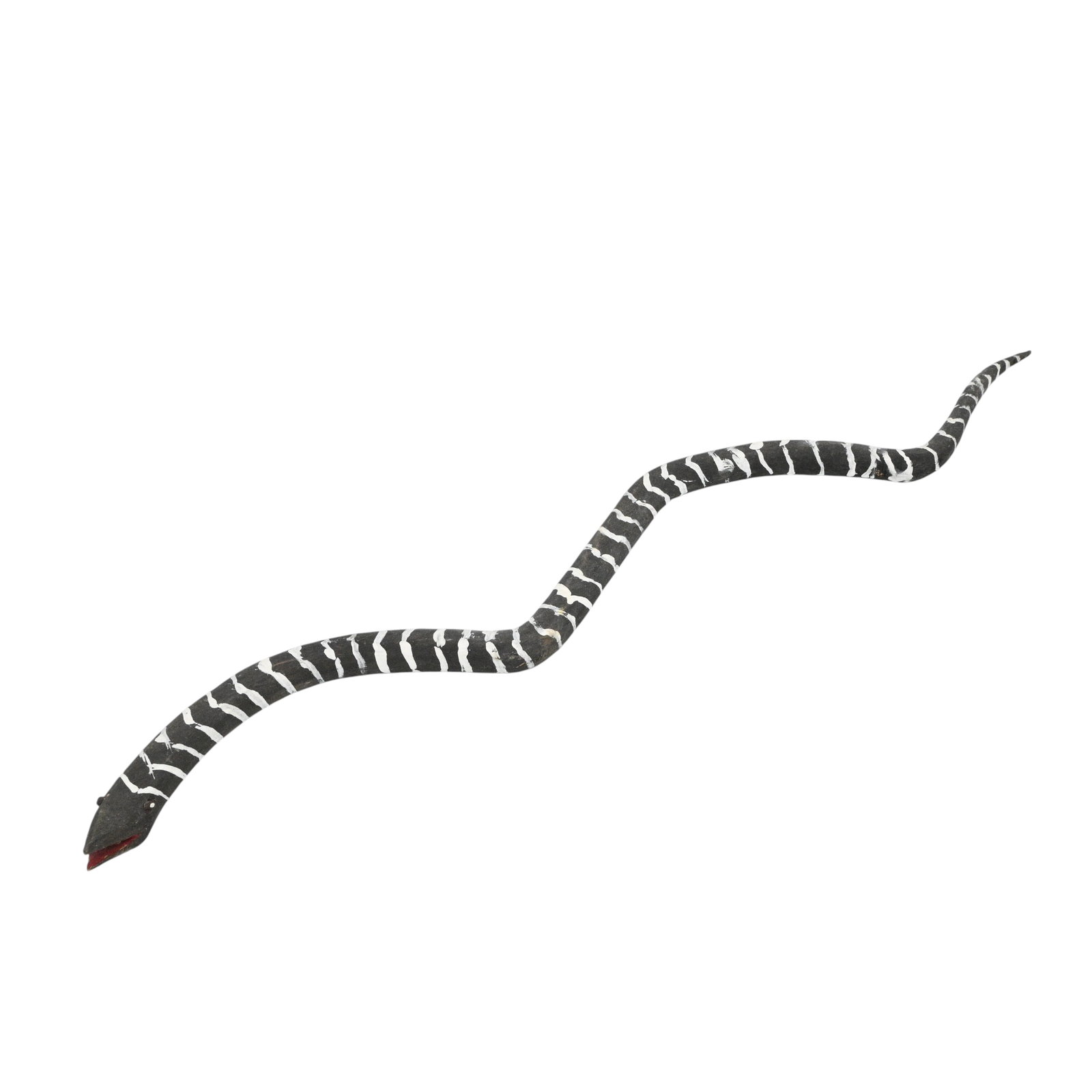Anonymous. Black and White Wood Carved Snake: Anonymous. Black and White Wood Carved Snake.Black snake with white stripes. Excellent condition. Size: 1" H x 27" W x 3.5" D. Provenance: Micki Beth Stiller Collection. Est. $100 - $300. 