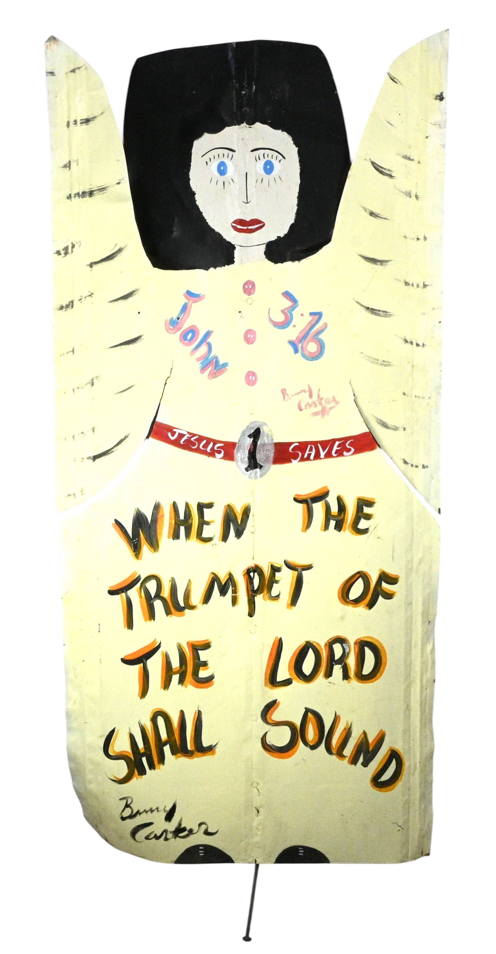 Benny Carter. Dark Hair Angel: Benny Carter. (1943-2014) Dark Hair Angel. Signed. Paint on cutout tin. "When the Trumpet of the Lord Shall Sound". Environmental condition. Provenance: Private Northeast Collection. Est. $200 - $600.