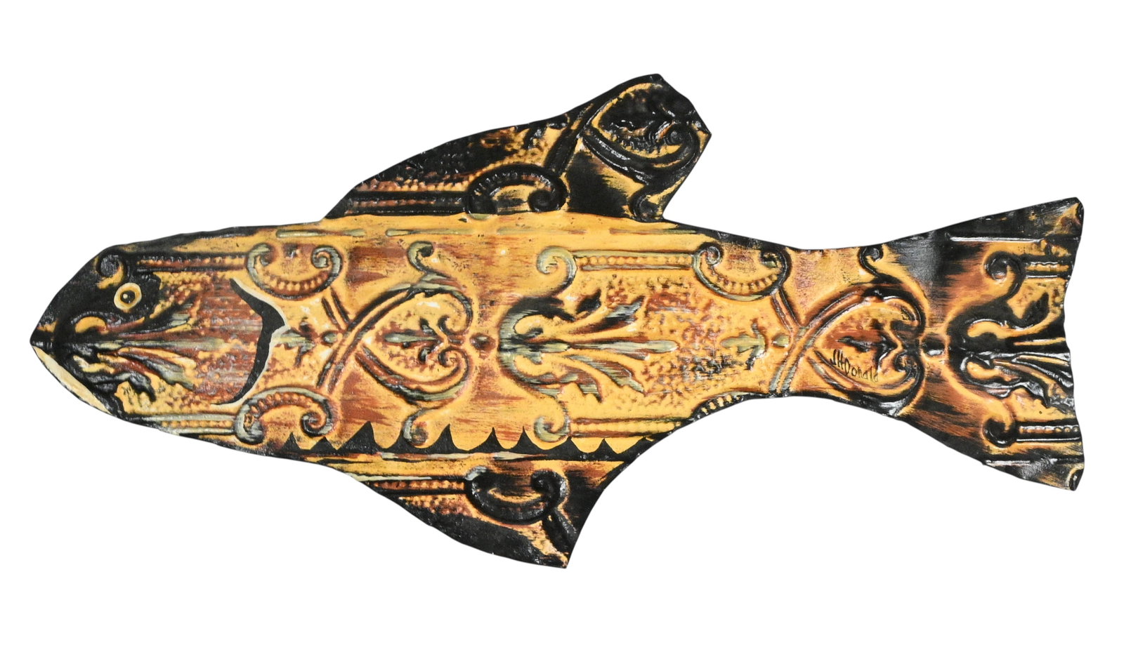 J.H. Donald. Fish: J.H. Donald. Fish.Signed. Paint on old cut out ceiling tin. Good condition. Minor paint loss. Size: 14" H x 29" W. Provenance: Private Northeast Collection. Est. $50 - $100. Ship: In-House