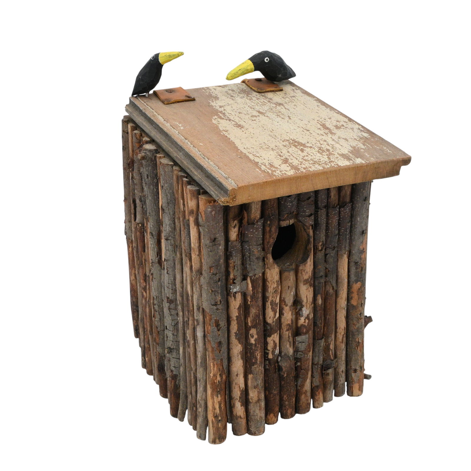 Shane Campbell. Wooden Birdhouse With 2 Crows: Shane Campbell. (b. 1964)Wooden Birdhouse With 2 Crows.Not signed. Assembled twigs and wood with two carved crows on top. Good condition. Size: 12" H x 7" W x 8" D. Provenance: Micki Beth