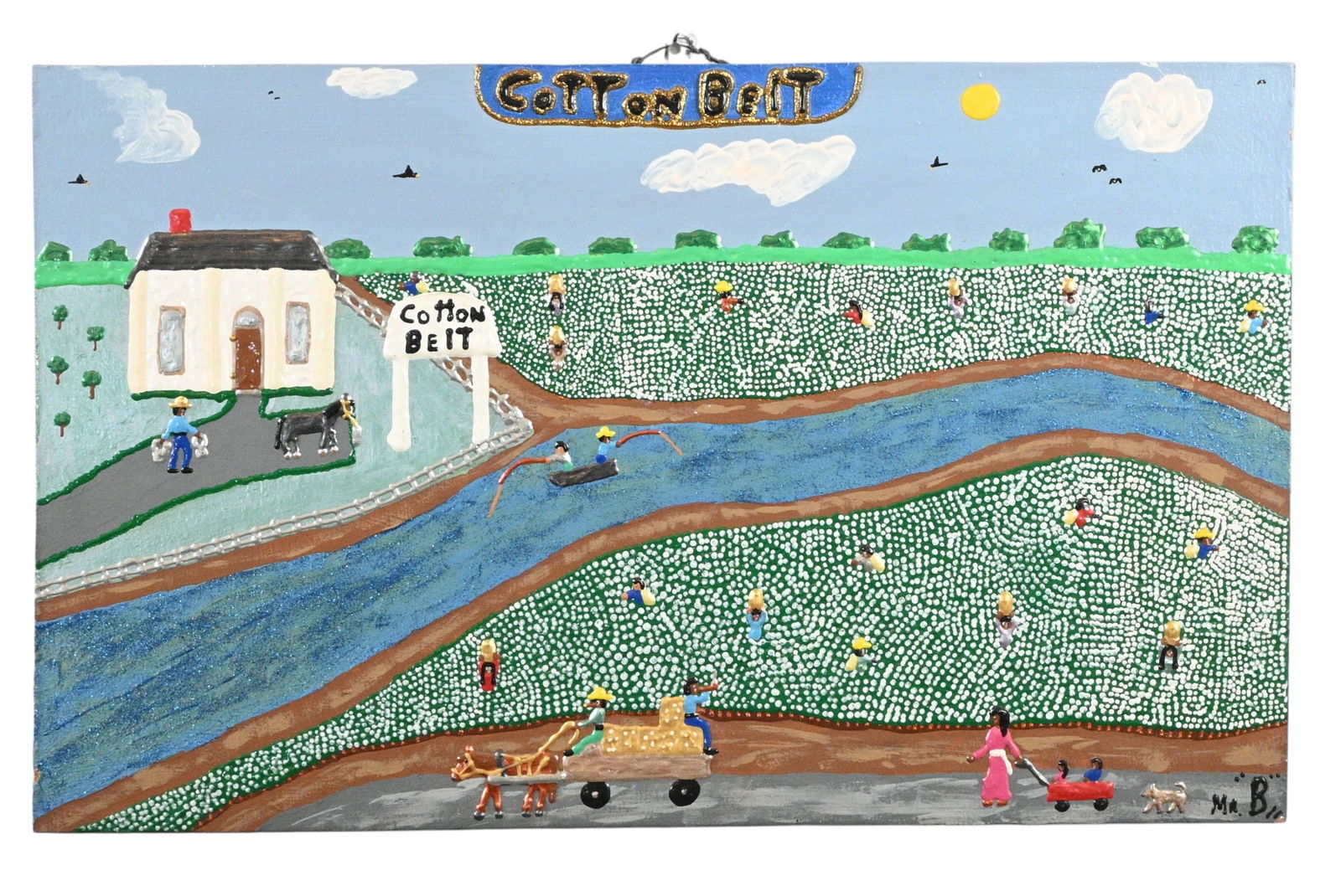 Jack Beverland. Cotton Belt: Jack Beverland. (1939-2023)Cotton Belt.1994. Signed, Dated, and Titled. Puff paint with glitter on board. Excellent condition. Small paint chips at bottom left and right corners. Size: 14.5"