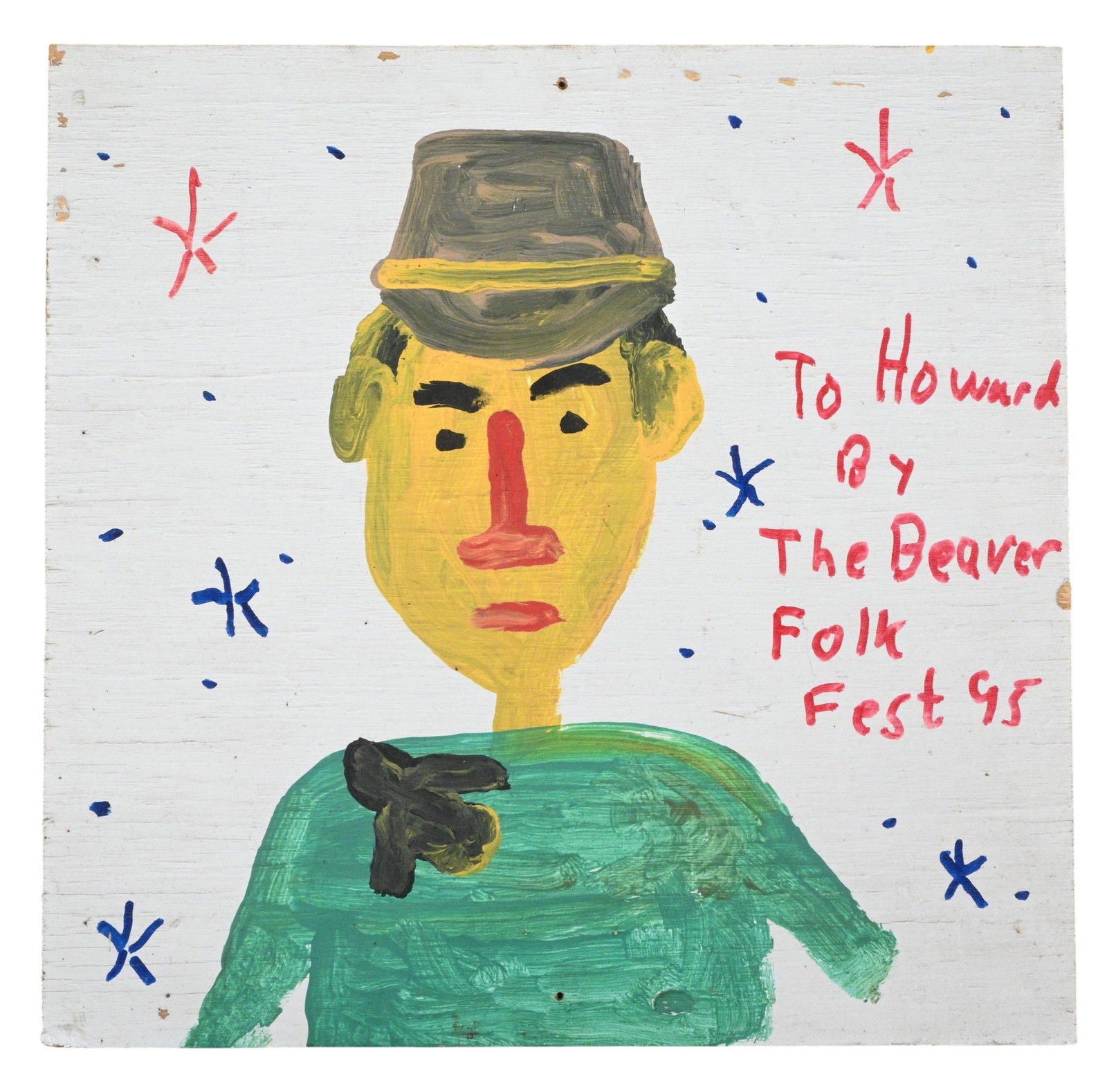 Robyn "The Beaver" Beaverland. Portrait of Howard Campbell: Robyn "The Beaver" Beaverland. (1957-1998)Portrait of Howard Campbell.1995. Signed and Dated. Paint on plywood. This piece represented the late folk art collector and dealer Howard Campbell and